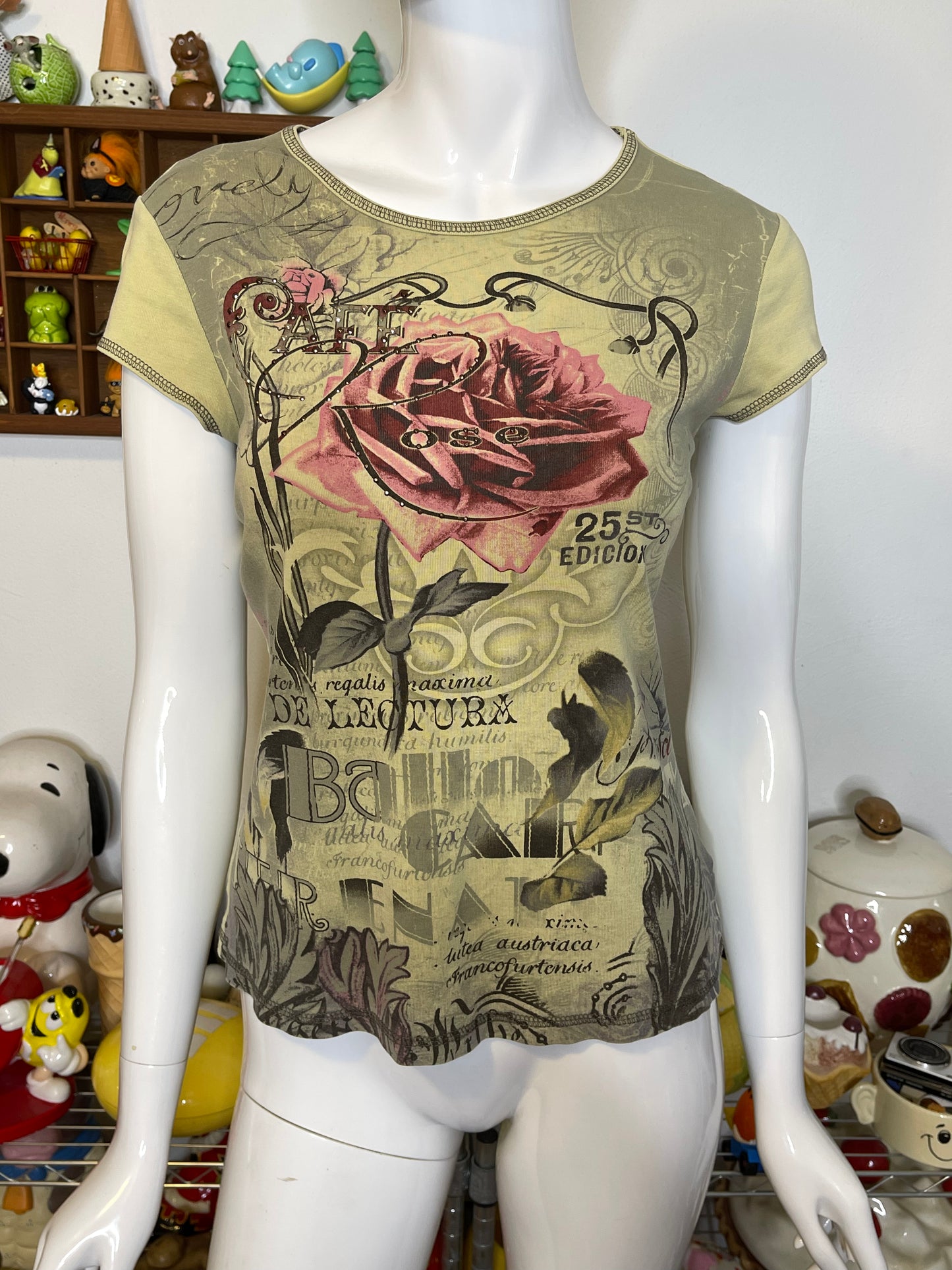 2000s Green Cafe Rose Graphic Top Sz S