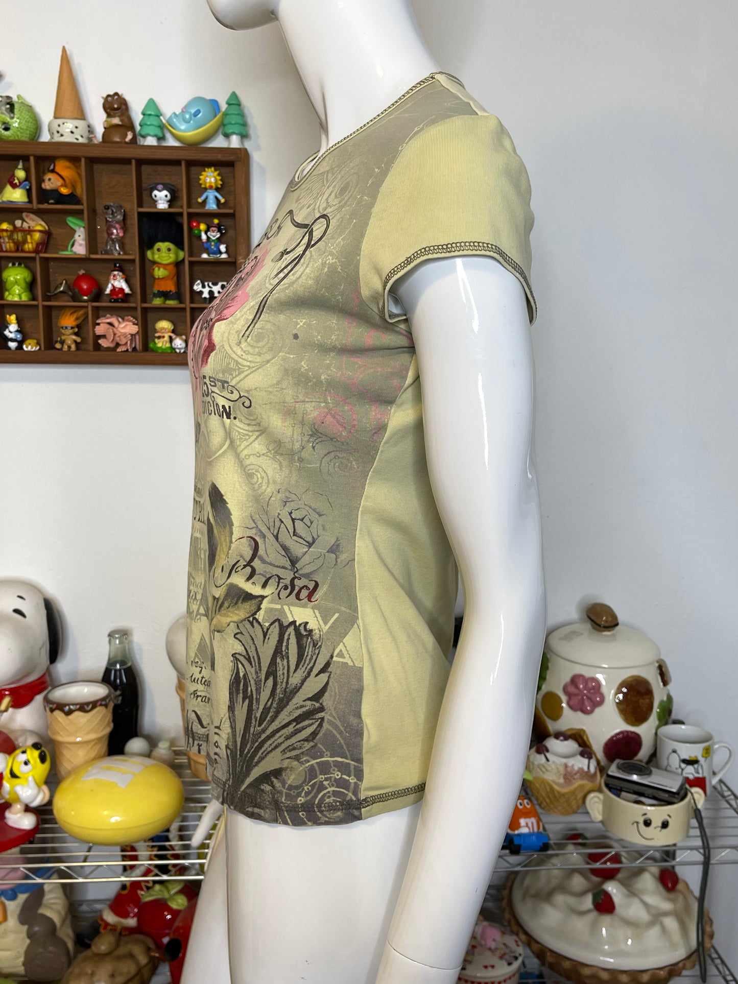 2000s Green Cafe Rose Graphic Top Sz S