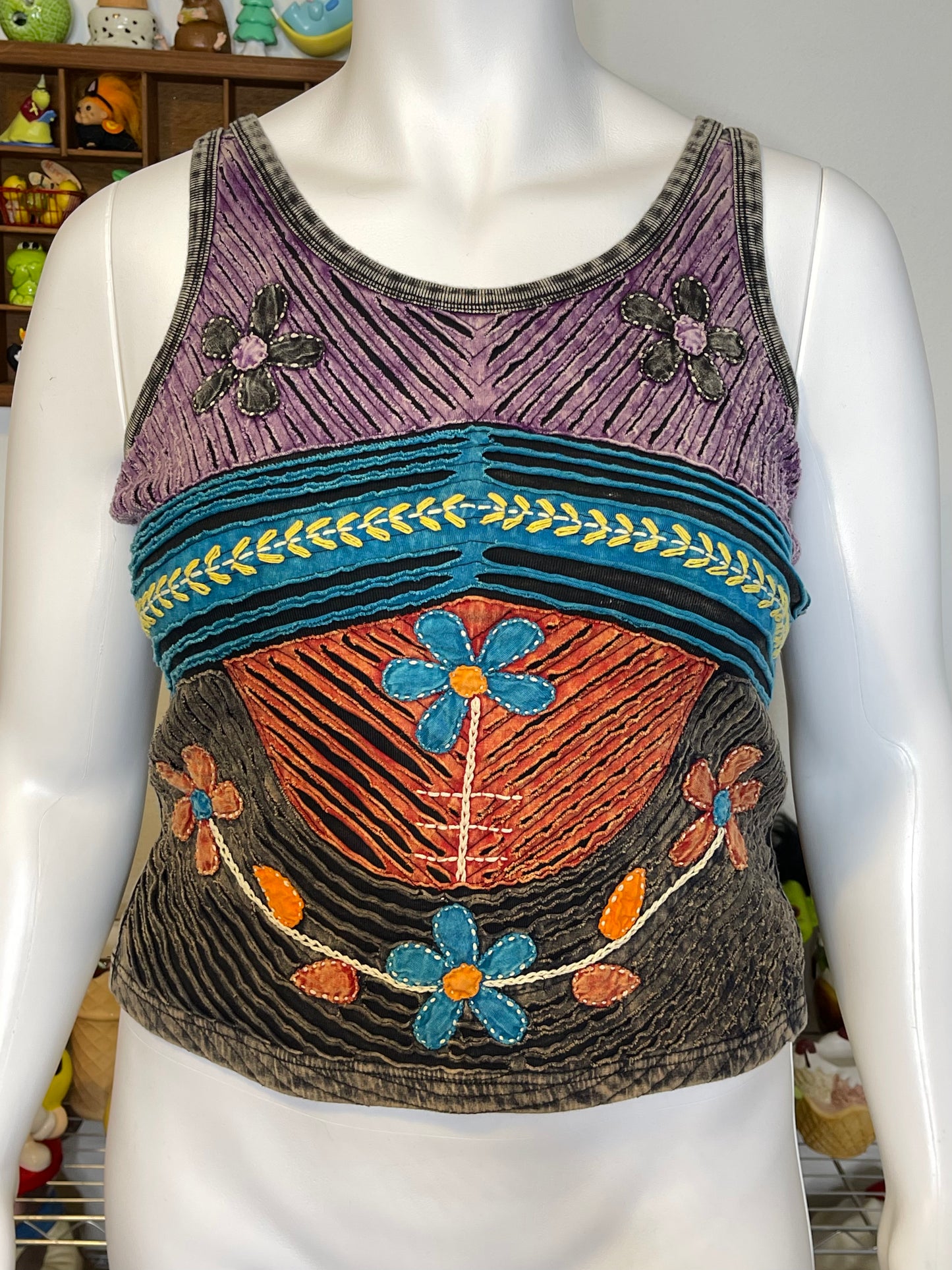 Tie-dye Flower Distressed Patchwork Style Tank Top Sz L