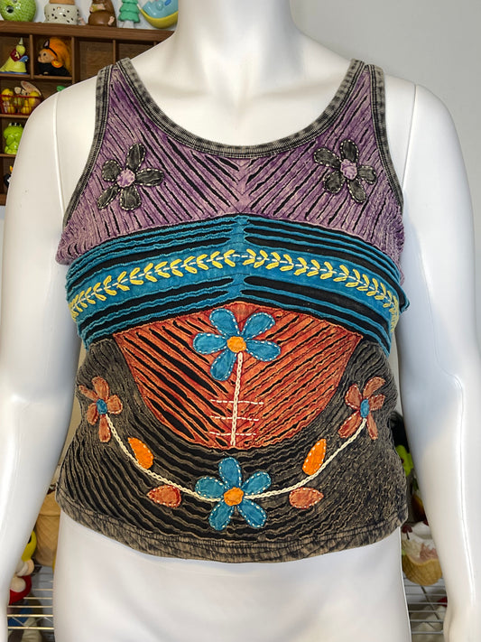Tie-dye Flower Distressed Patchwork Style Tank Top Sz L