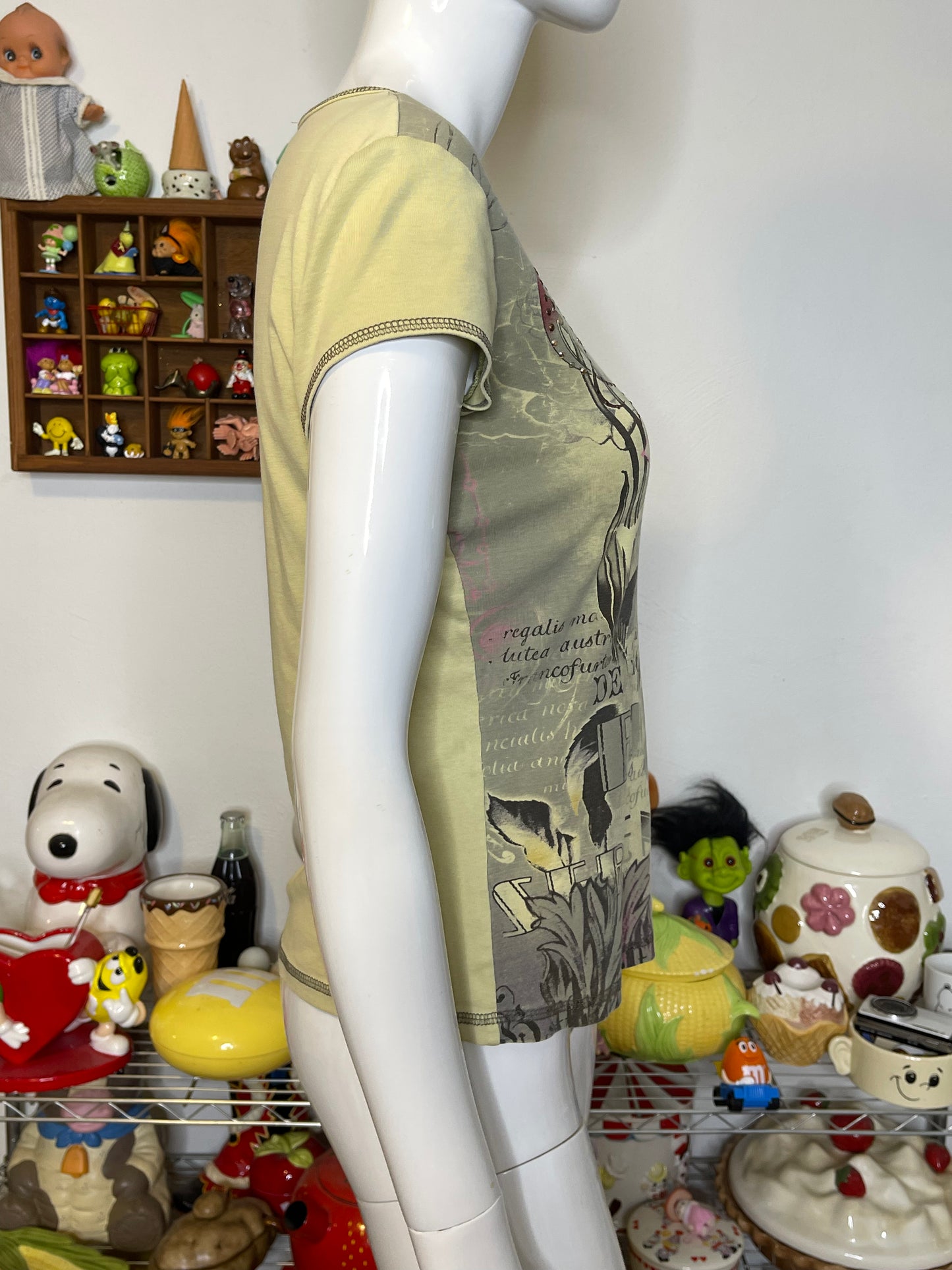2000s Green Cafe Rose Graphic Top Sz S