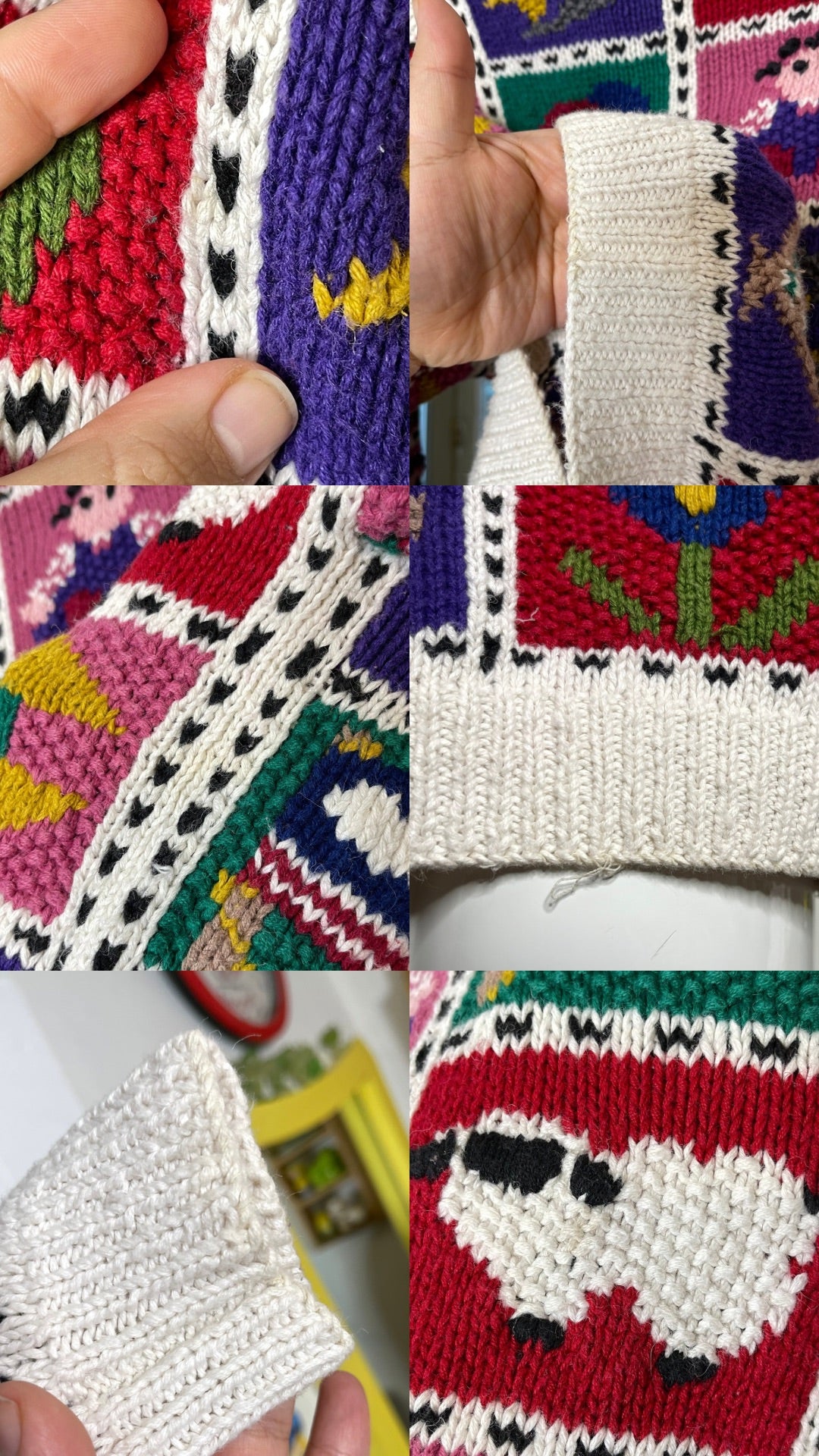 Vintage 90s Chunky Hand Knit Cottage Home Patchwork Cardigan Sz S