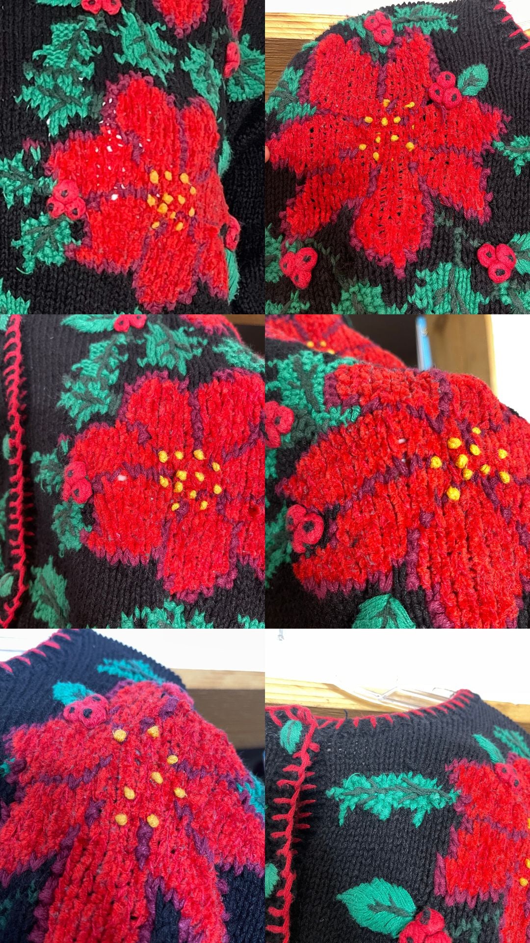 90s Poinsettia Floral Handknit Cardigan Sz L / XL
