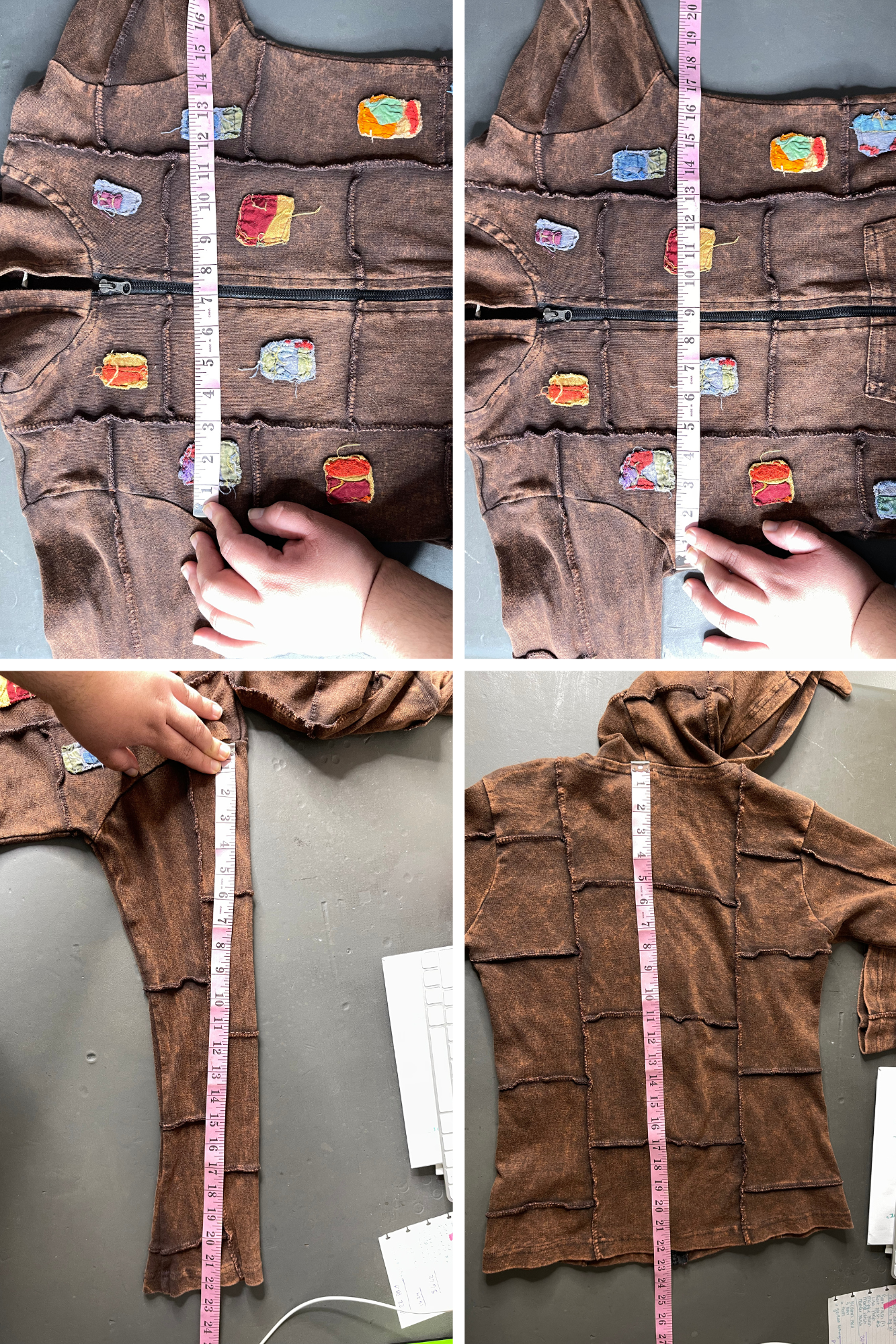 Brown Acid Wash Patchwork Elf Hood Hoodie Sz M