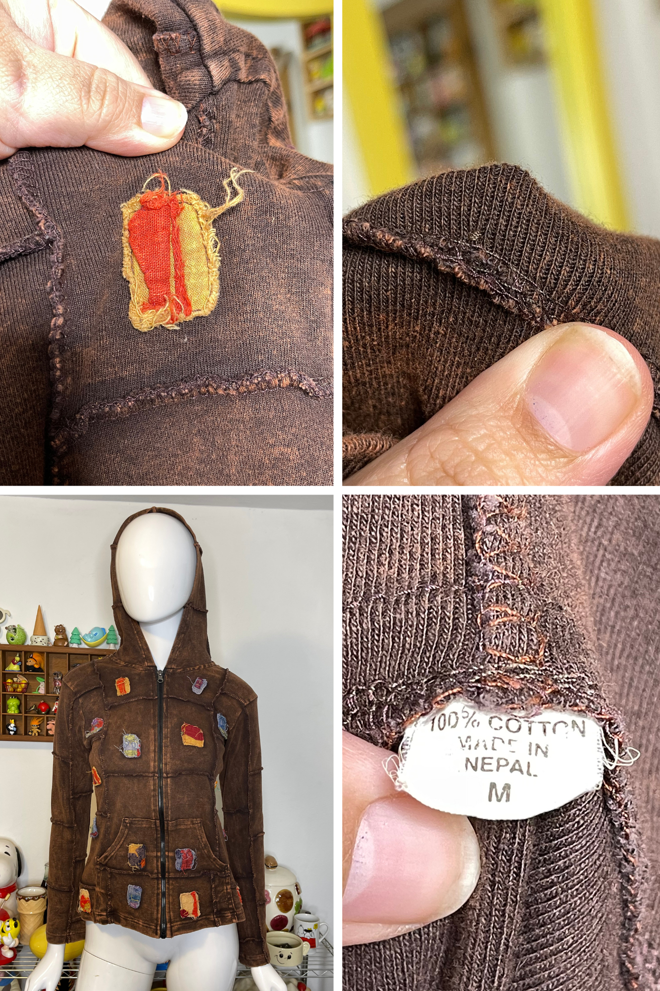 Brown Acid Wash Patchwork Elf Hood Hoodie Sz M