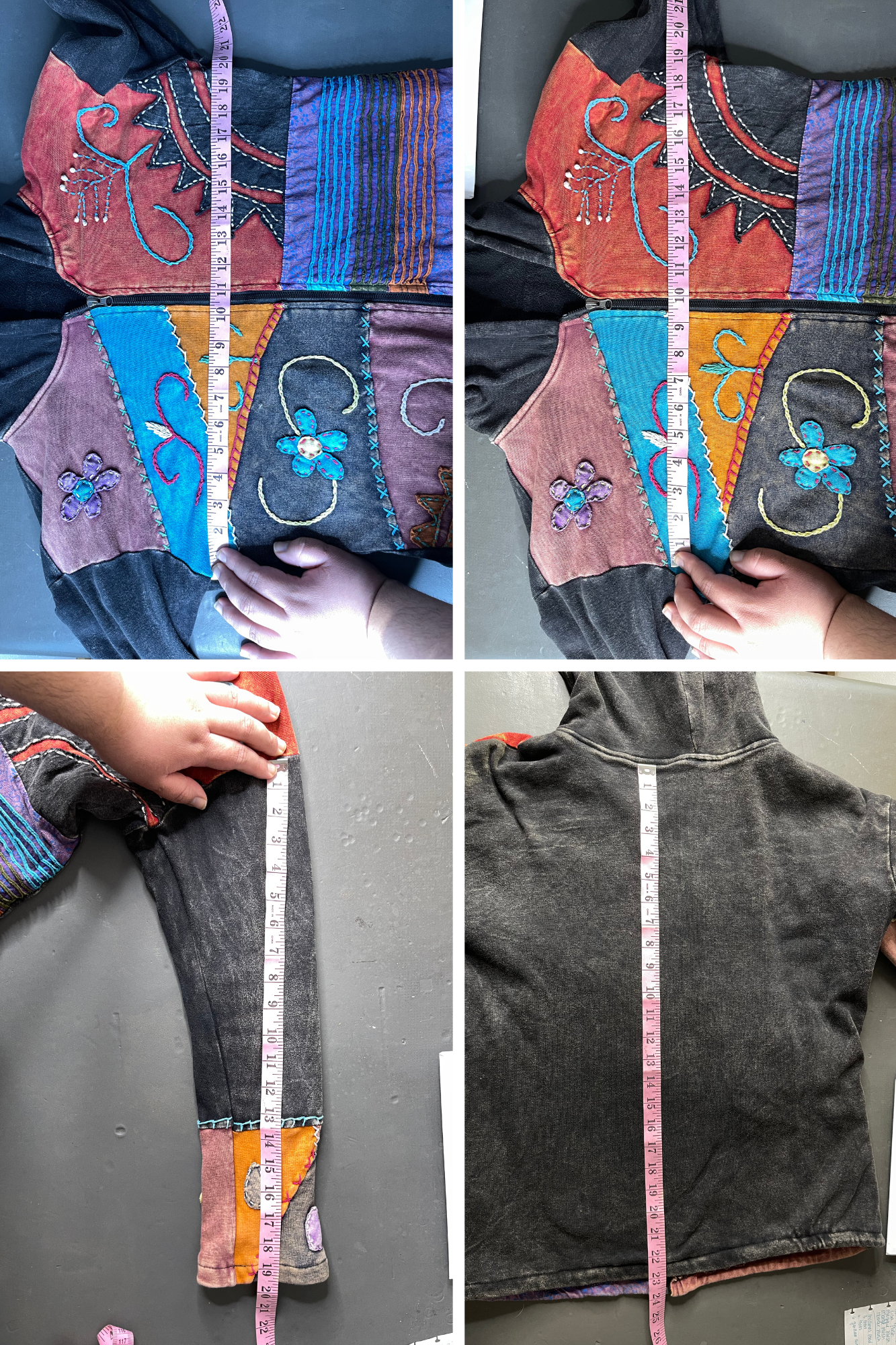 Tie-dye Patchwork Flowers Fleeced Lined Hoodie Sz M