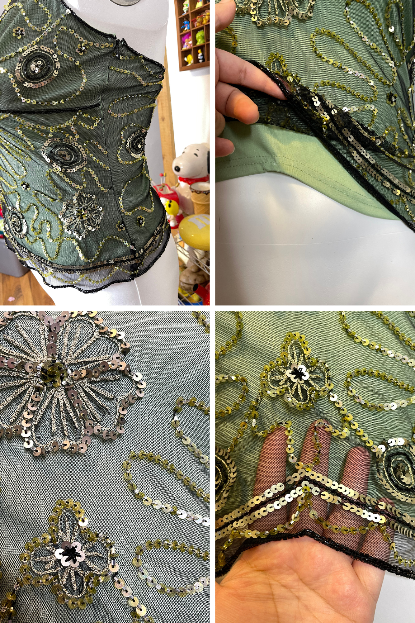 Vintage 2000s Green Beaded & Sequin Mesh Halter Top Sz L