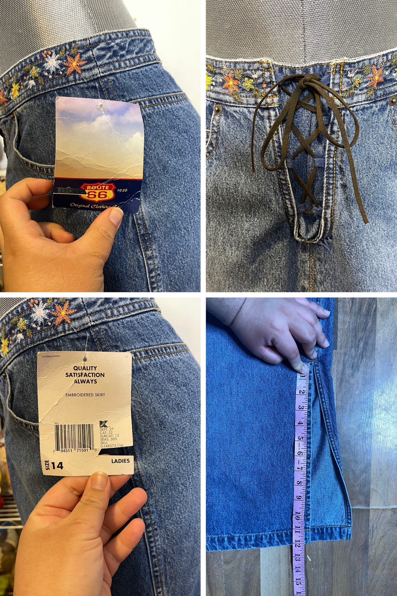 2000s Deadstock Flower Embroidered Lace Up Denim Maxi Skirt Sz 14 32in