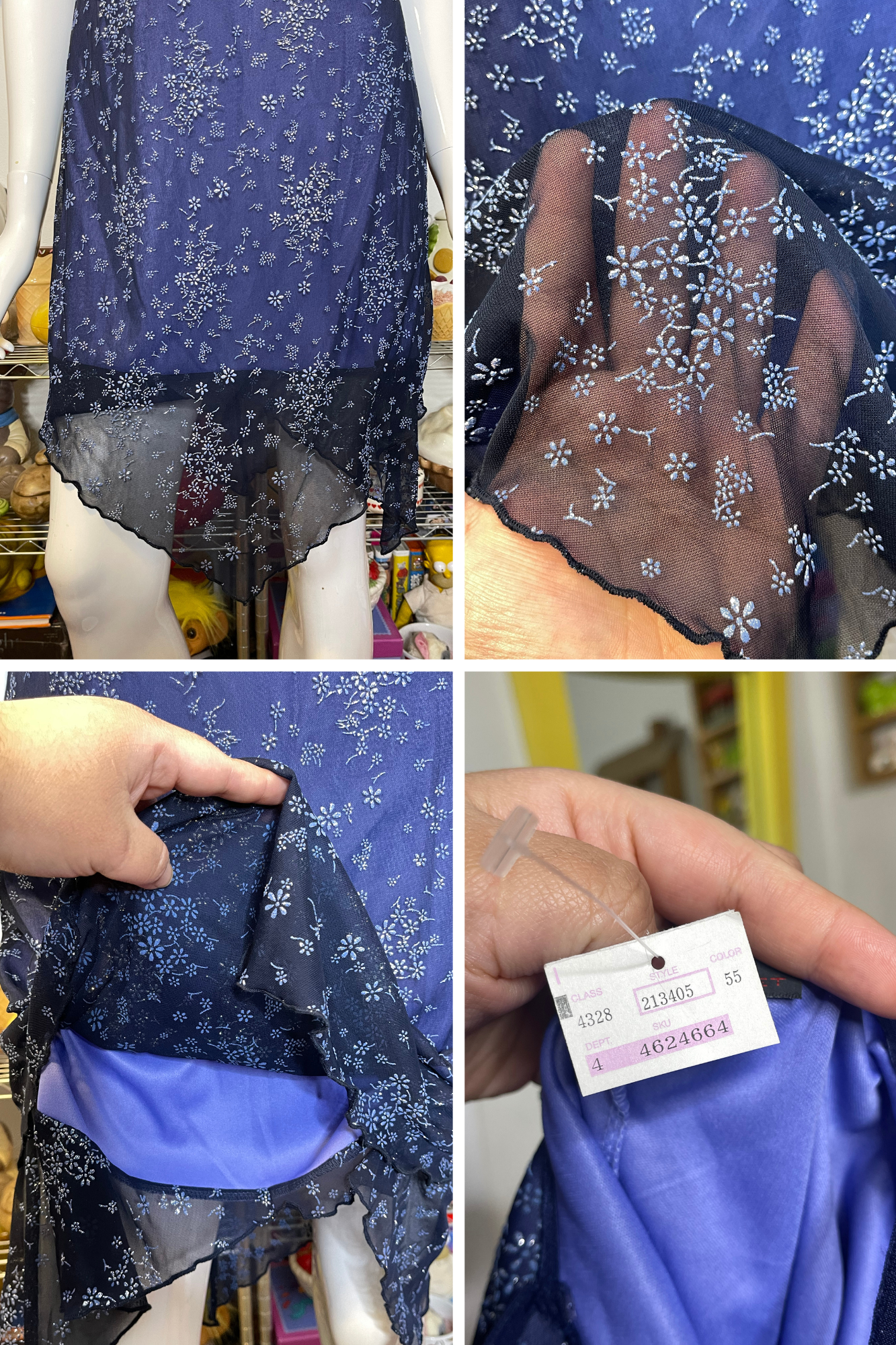 Vintage Deadstock Glittery Flower Print Mirco Mesh Midi Dress Sz M/L