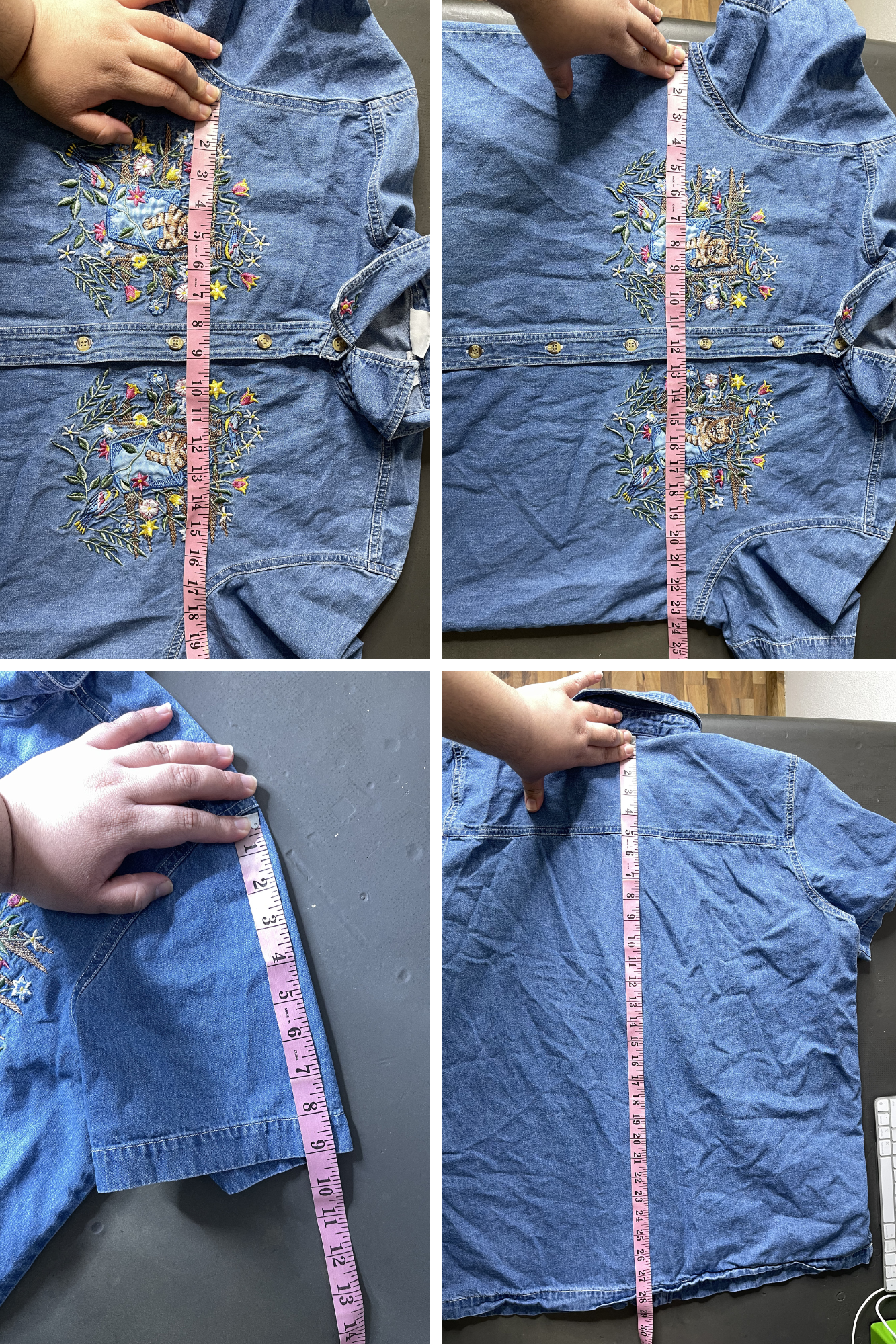 Vintage Floral Cat Embroidered Denim Button Down Shirt Sz 14W/16W