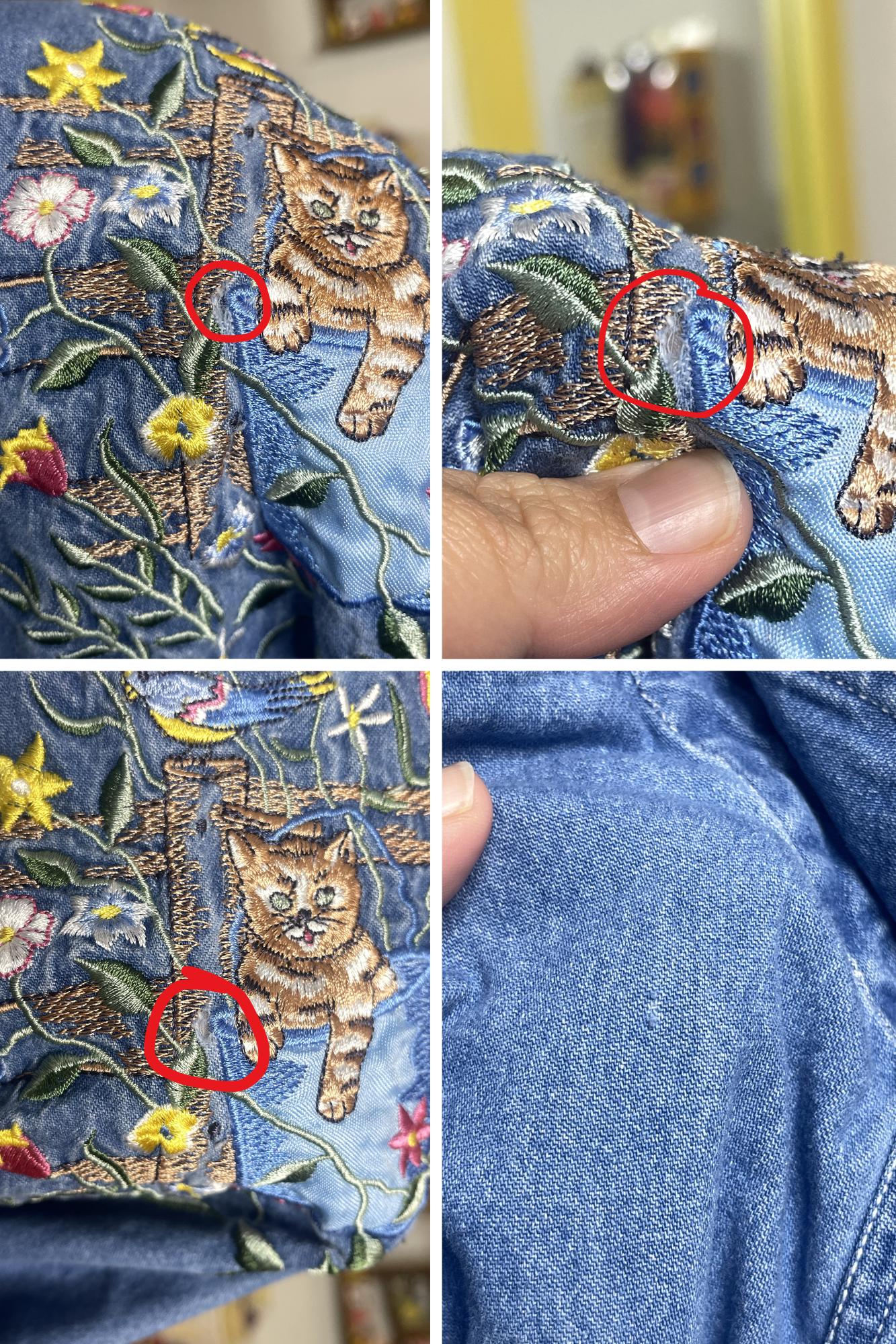 Vintage Floral Cat Embroidered Denim Button Down Shirt Sz 14W/16W
