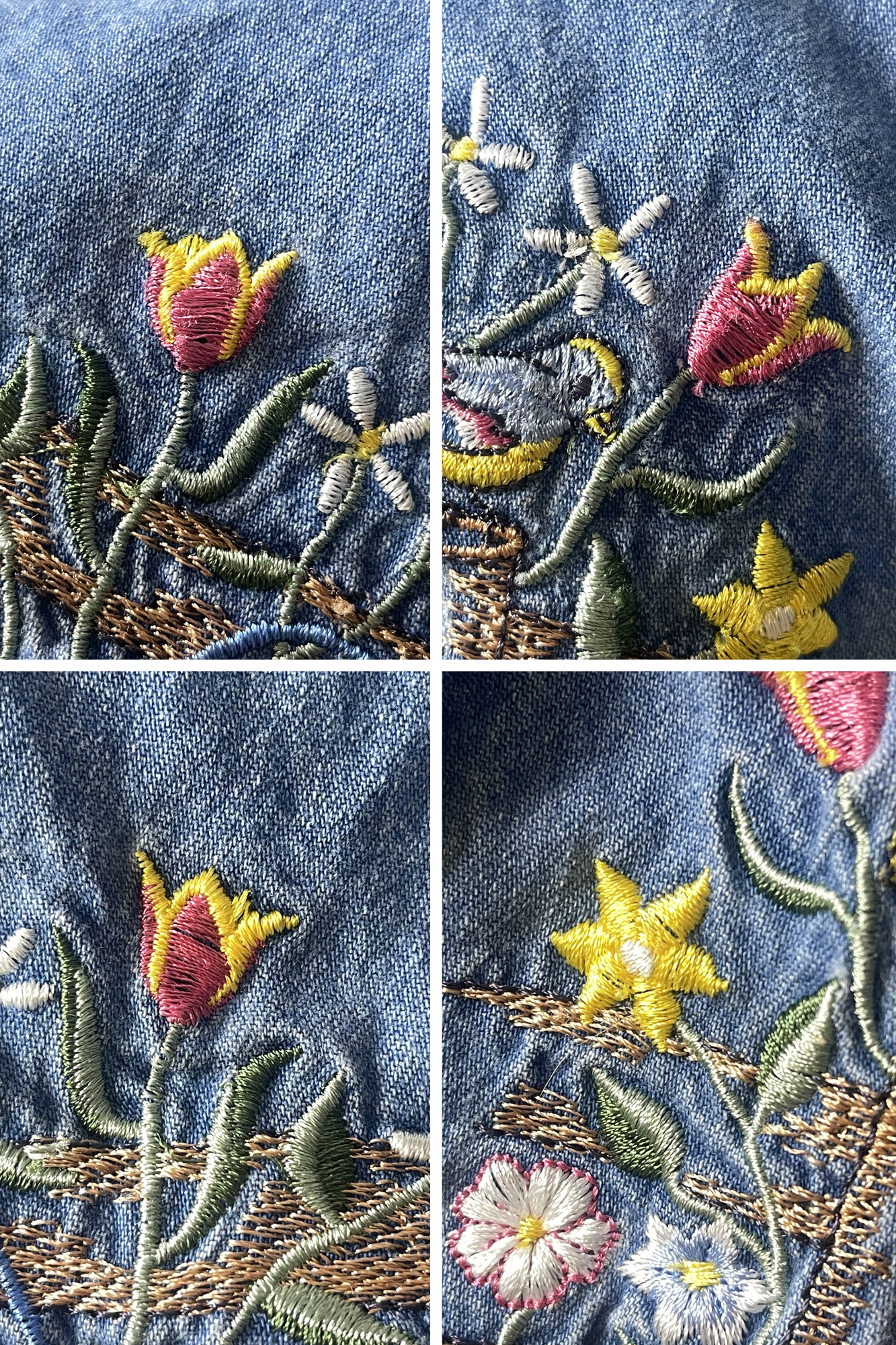 Vintage Floral Cat Embroidered Denim Button Down Shirt Sz 14W/16W