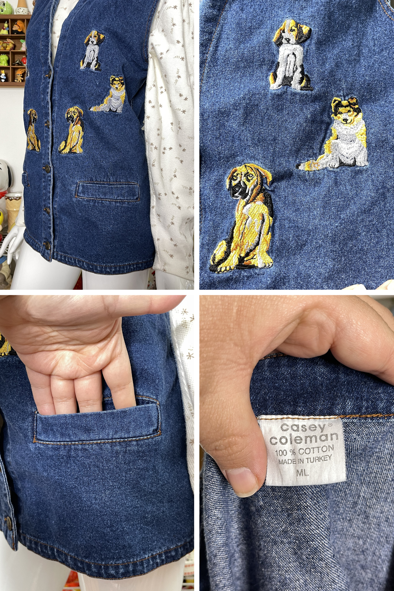 Vintage 90s Dog Denim Embroidered Oversized Vest Sz M/L