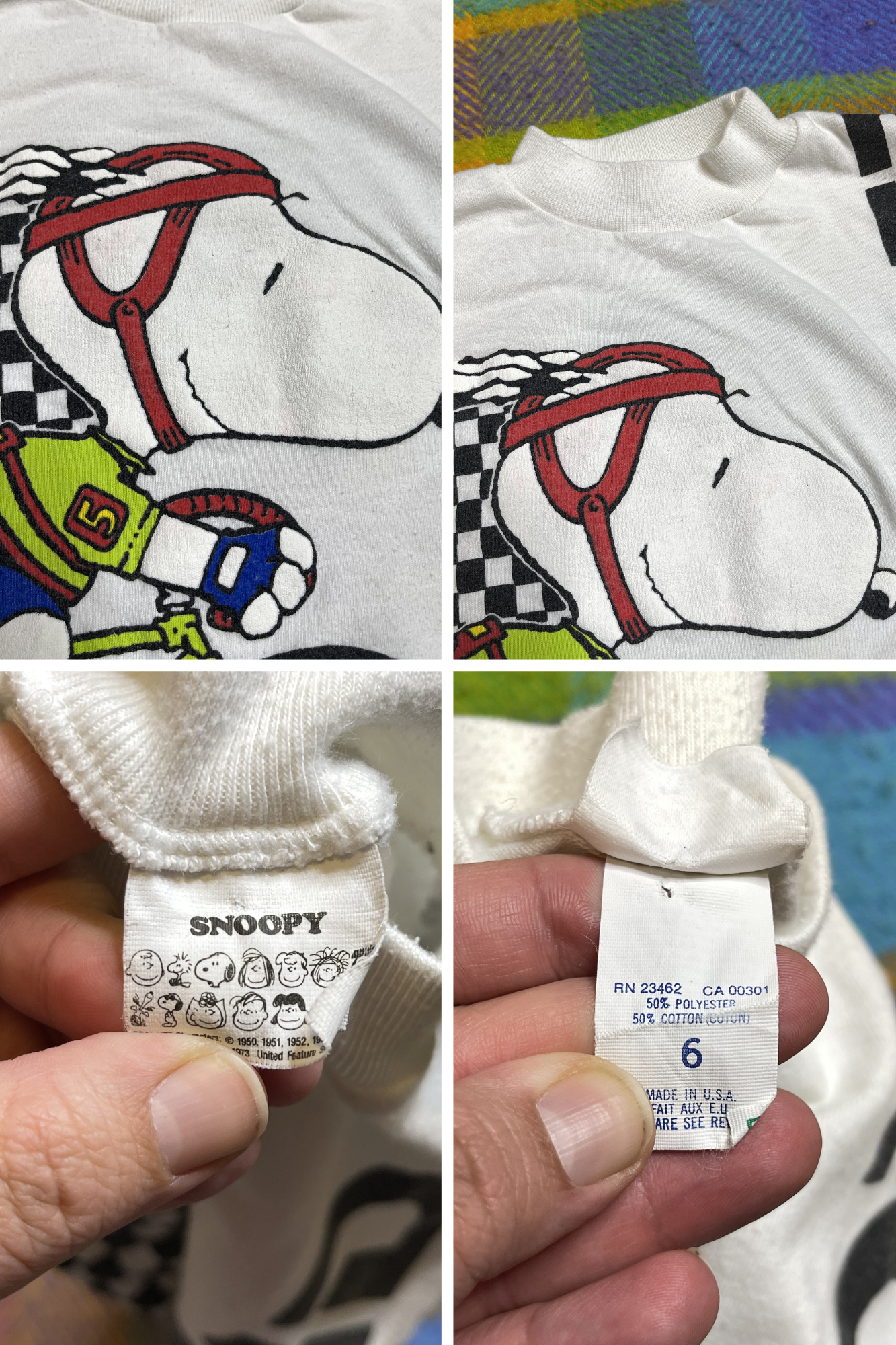 Vintage White Road Rider Snoopy Bicycle Kids Tee Sz 6