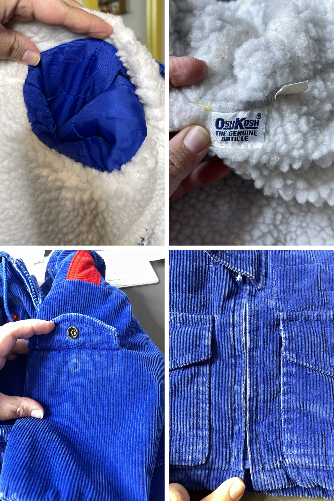 Vintage Oshkosh B'Gosh Blue Red Corduroy Sherpa Lined Hooded Kids Jacket Size 2T