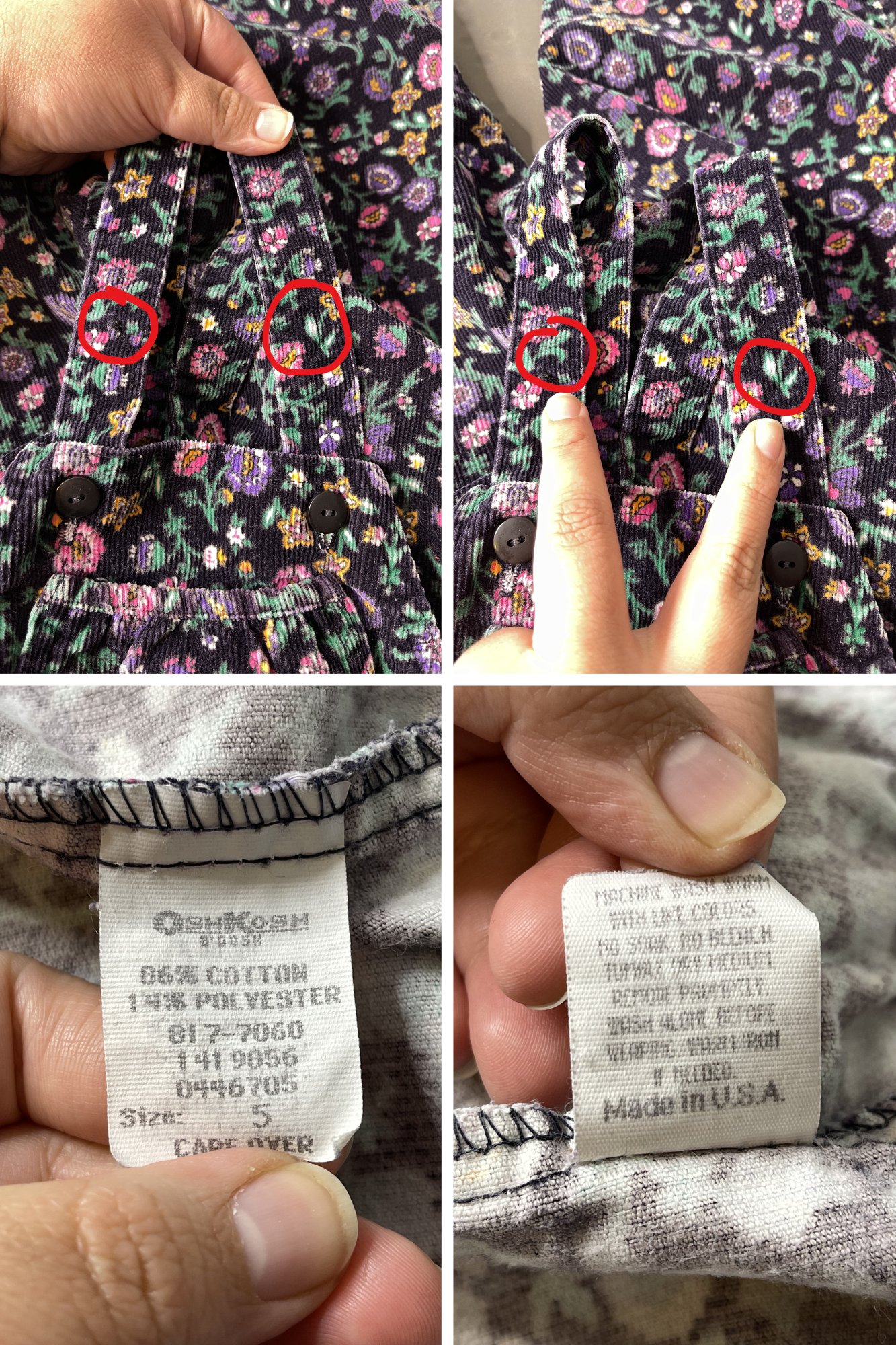 Vintage Corduroy Floral Oshkosh B'Gosh Kid Overalls Sz 5