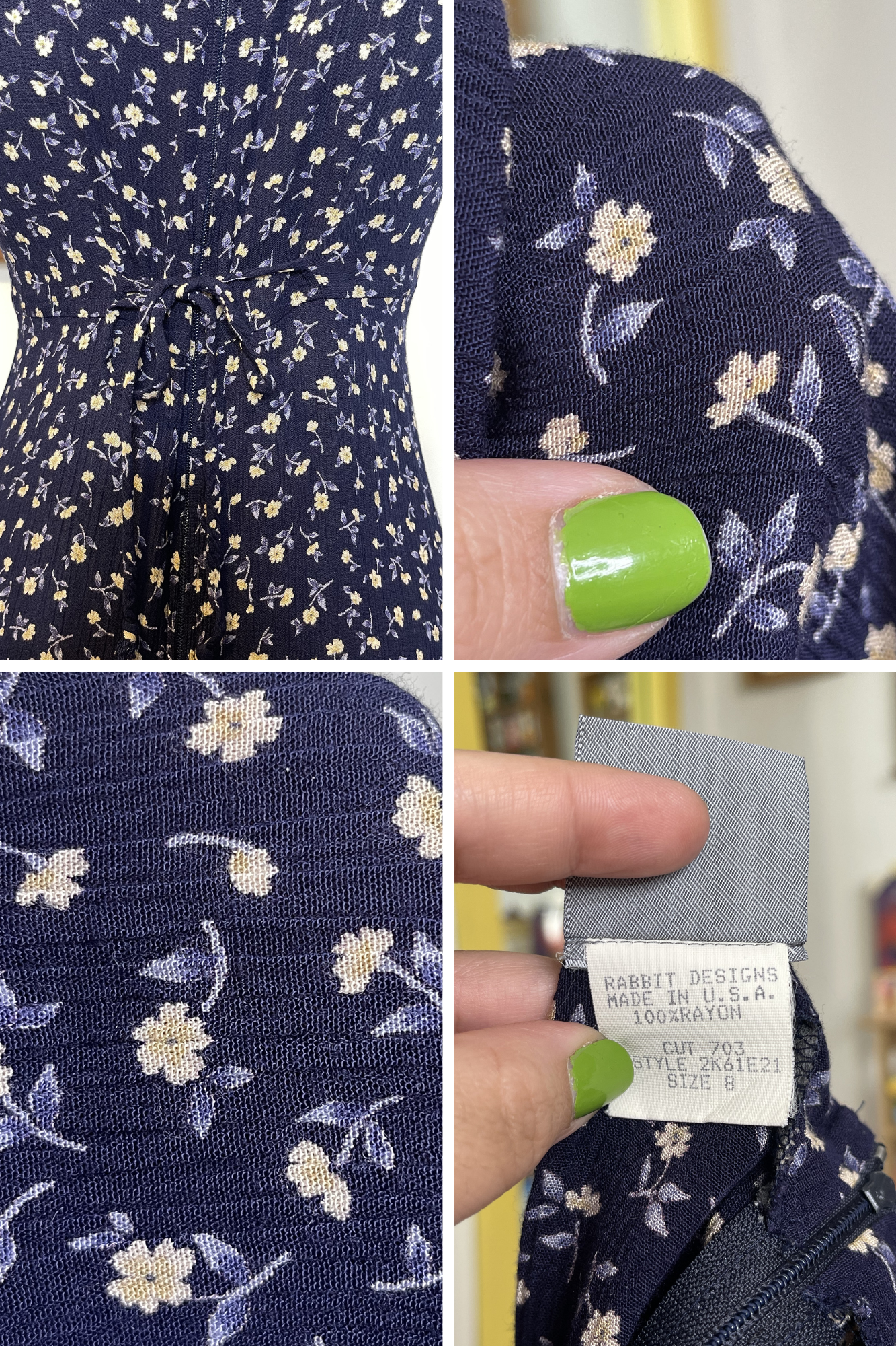 Vintage Navy Blue & Yellow Floral Maxi Dress Sz S/M