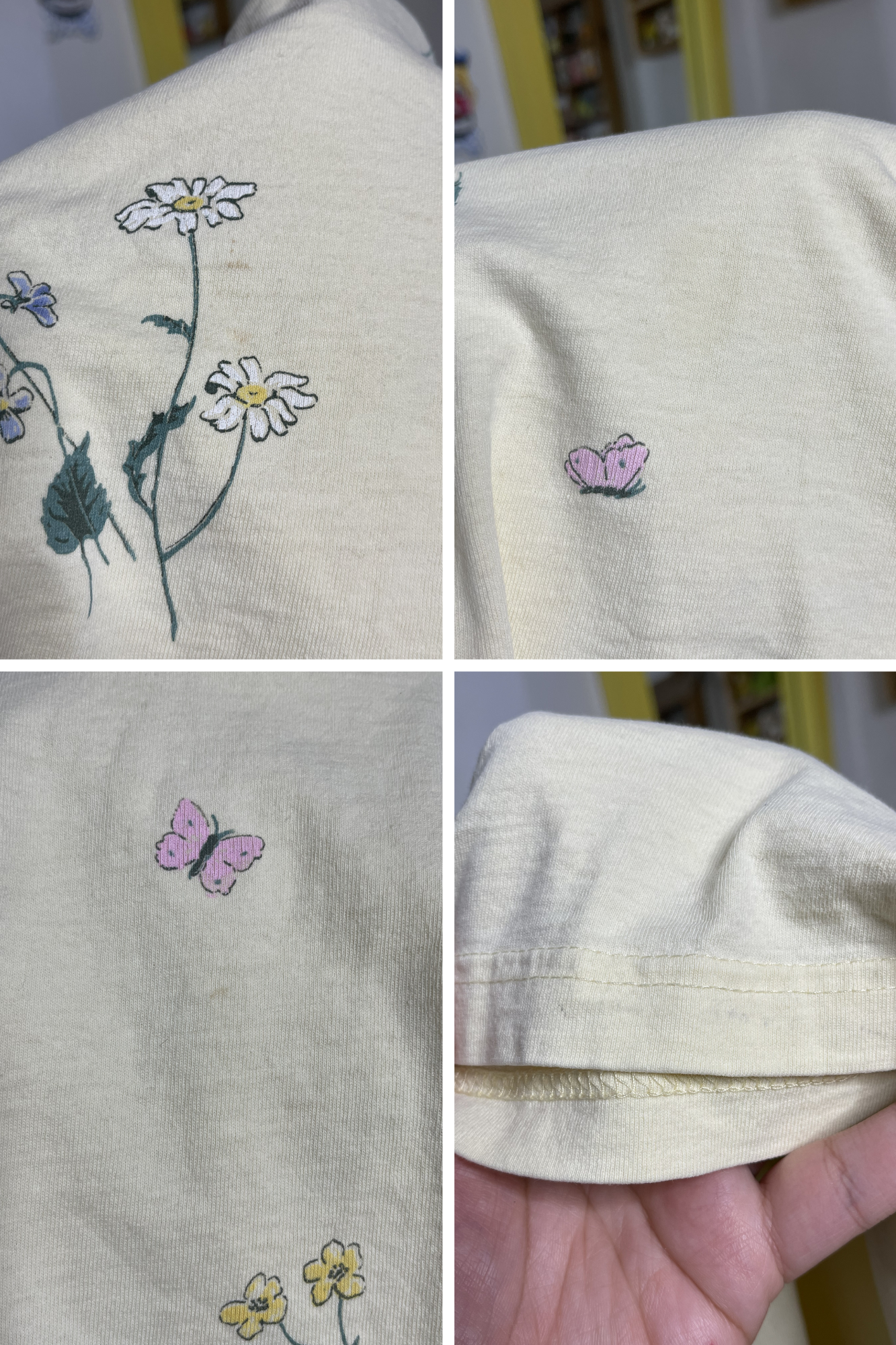 Vintage Nature Flower Print Pale Yellow Graphic Tee Sz L