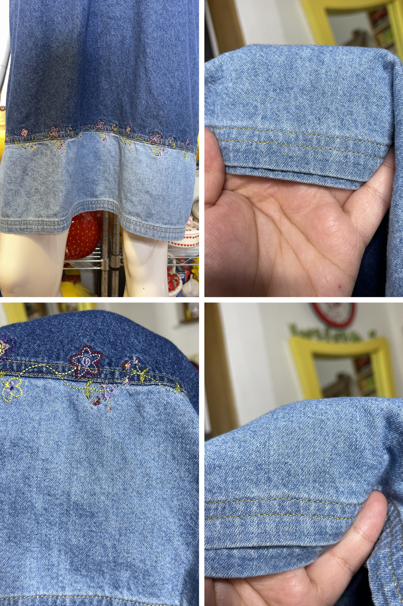 Vintage Flower Embroidered 2-Tone Denim Oversized Dress Sz M