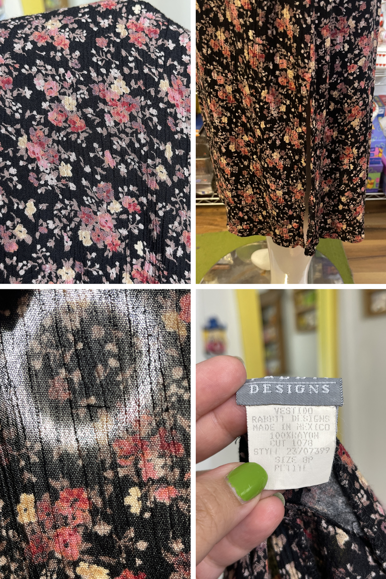 Vintage 90s Black Flower Print Maxi Dress Sz 8/P