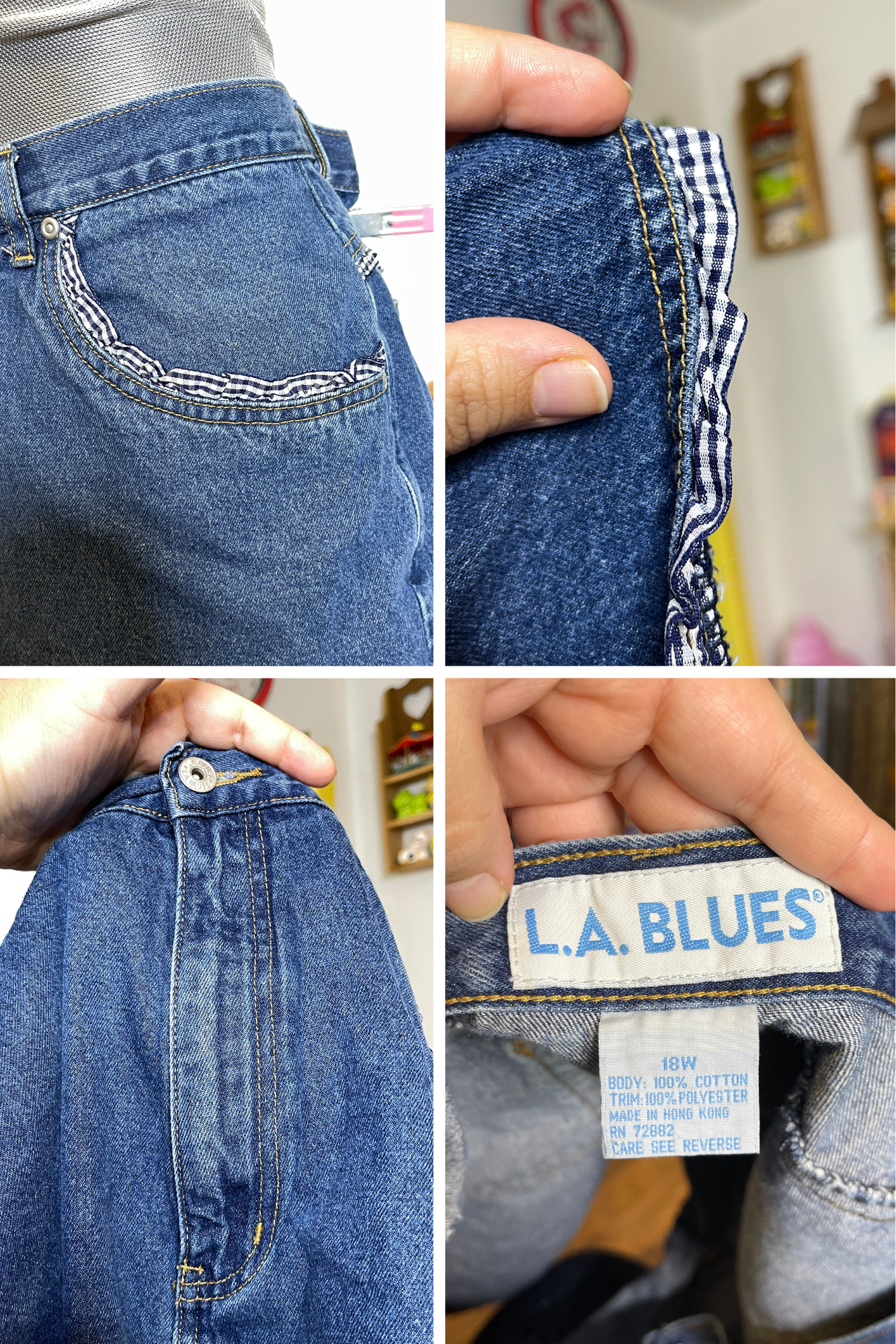 Vintage High Waisted Medium Wash Denim Gingham Shorts Sz 34in