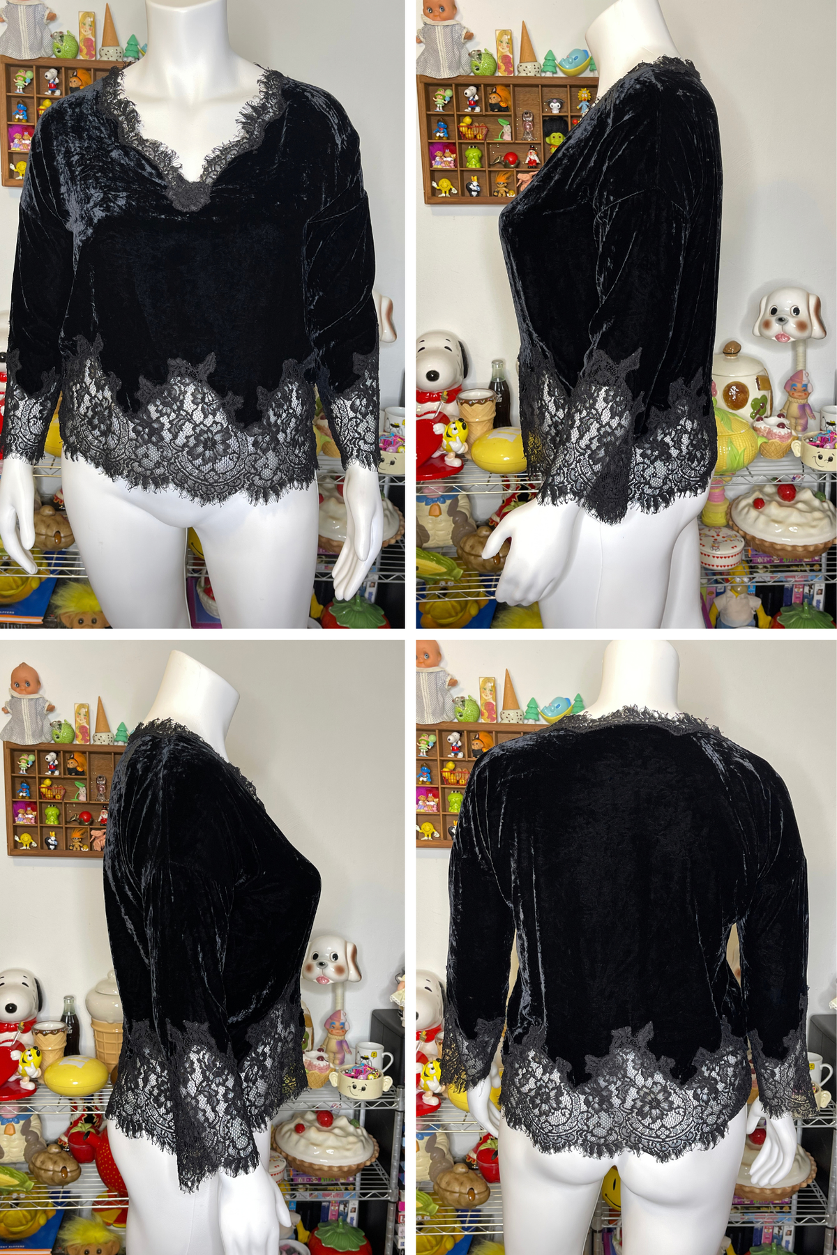 Black Crushed Velvet & Lace Silk Top Sz S/L