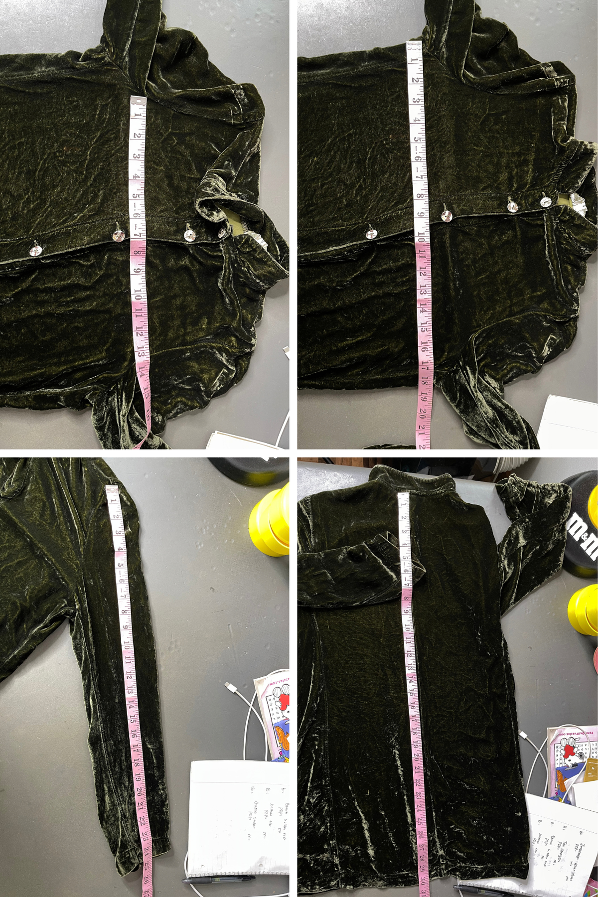 Vintage Frosty Moss Green Crushed Velvet Button Down Oversized Top Sz S