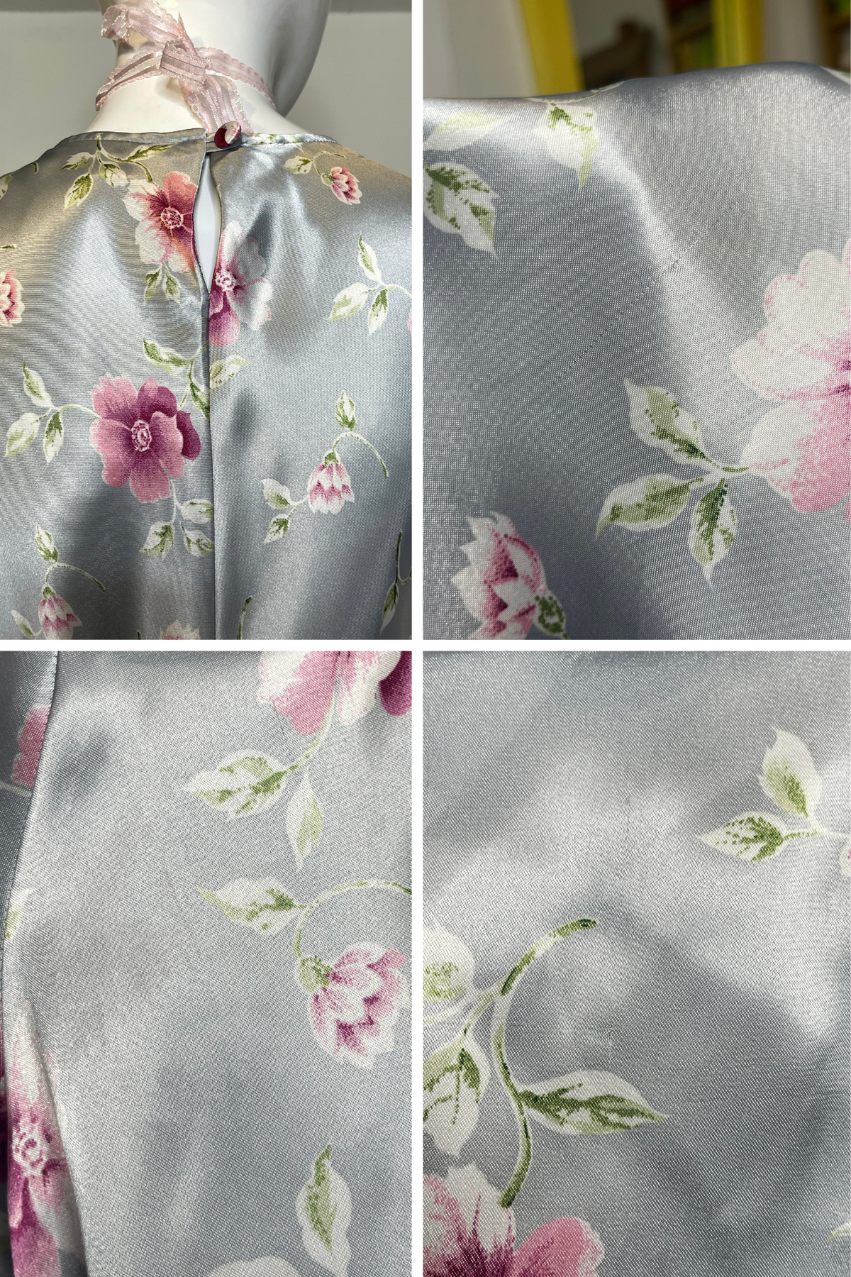 Vintage Silver Gray Flower Print Stain Style Mini Dress Sz M
