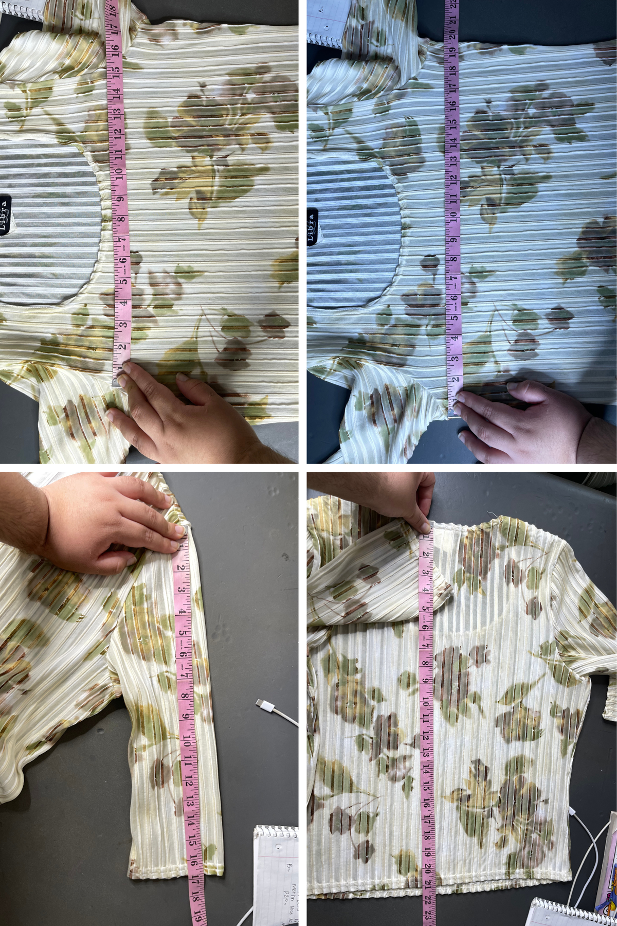 Vintage Butter Cream Floral Sheer Mesh 3/4 Sleeve Top Sz L