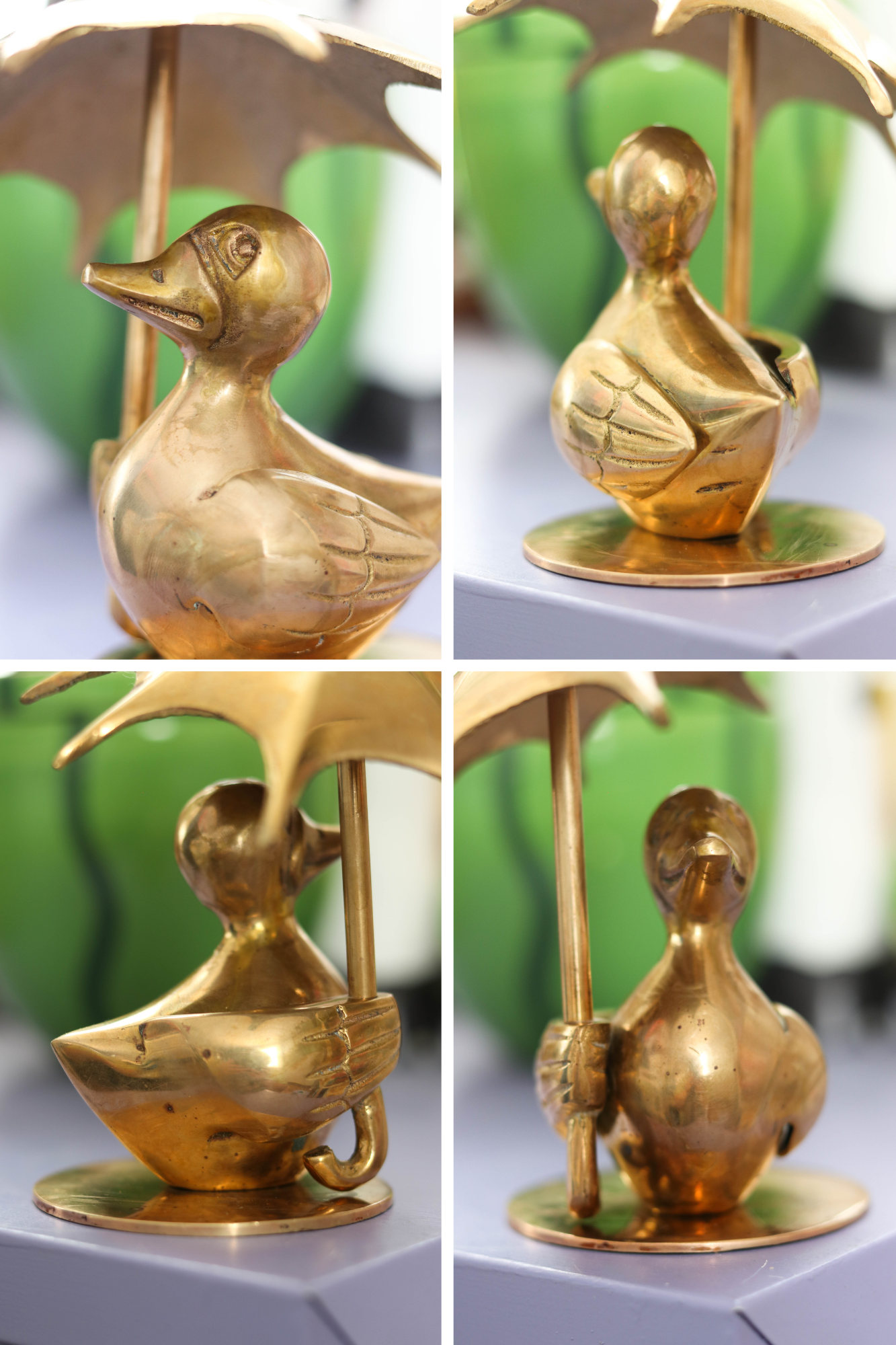 Vintage Solid Brass Duck Holding Umbrella Figurine (B)