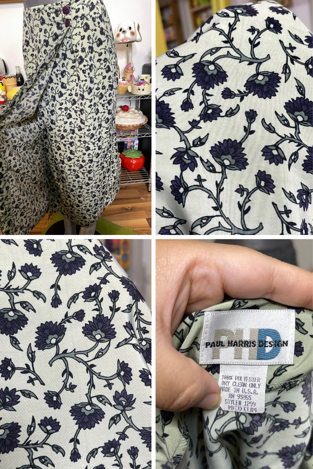 Vintage Sage Green Flower Print Wrap Maxi Skirt Sz S 27in