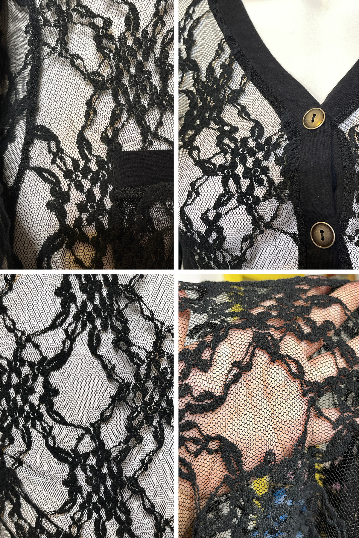 2000s Black Floral Sheer Lace Cardigan Sz L