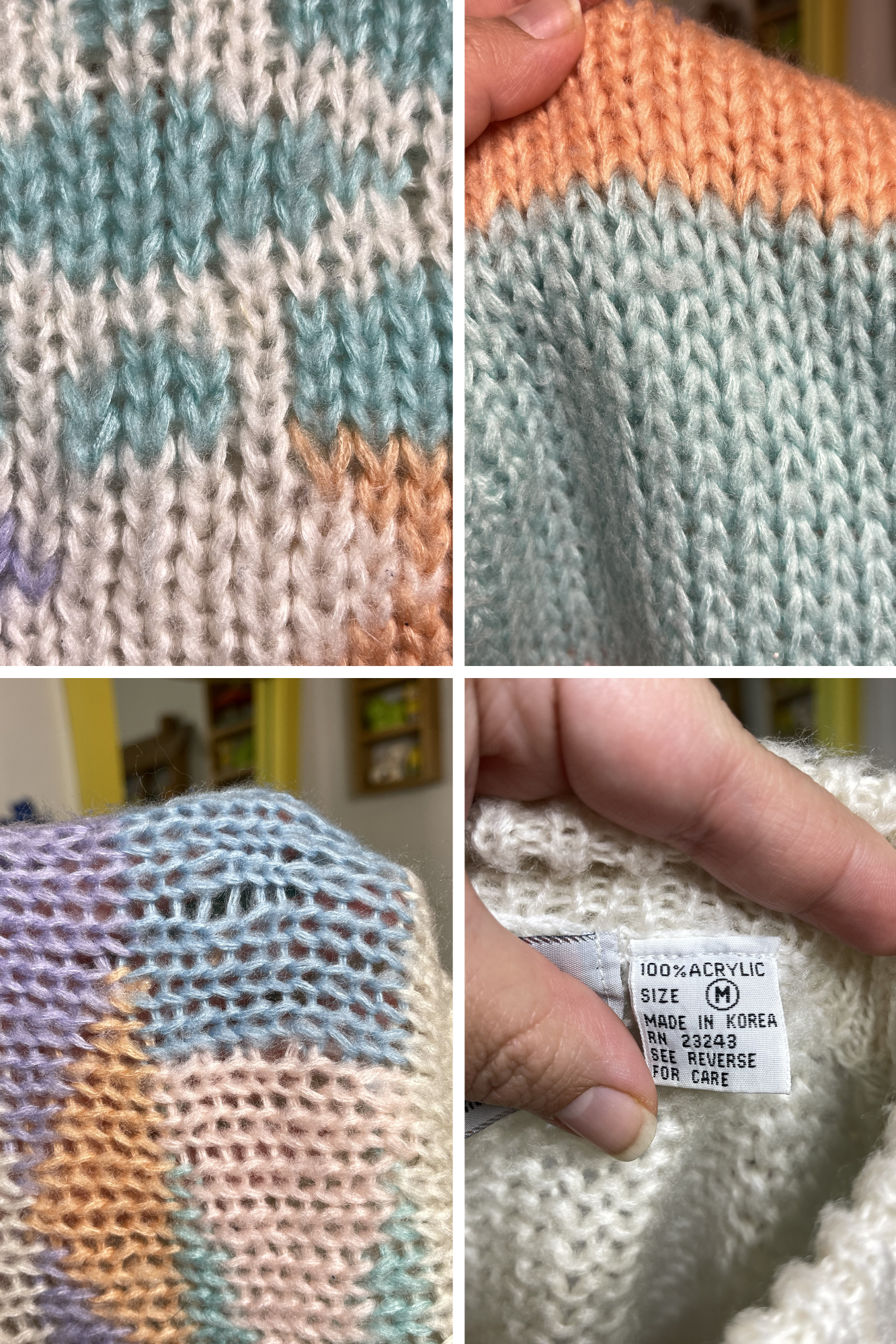 Vintage Funky Pastel Chunky Loose Knit Semi Cropped Sweater Sz M