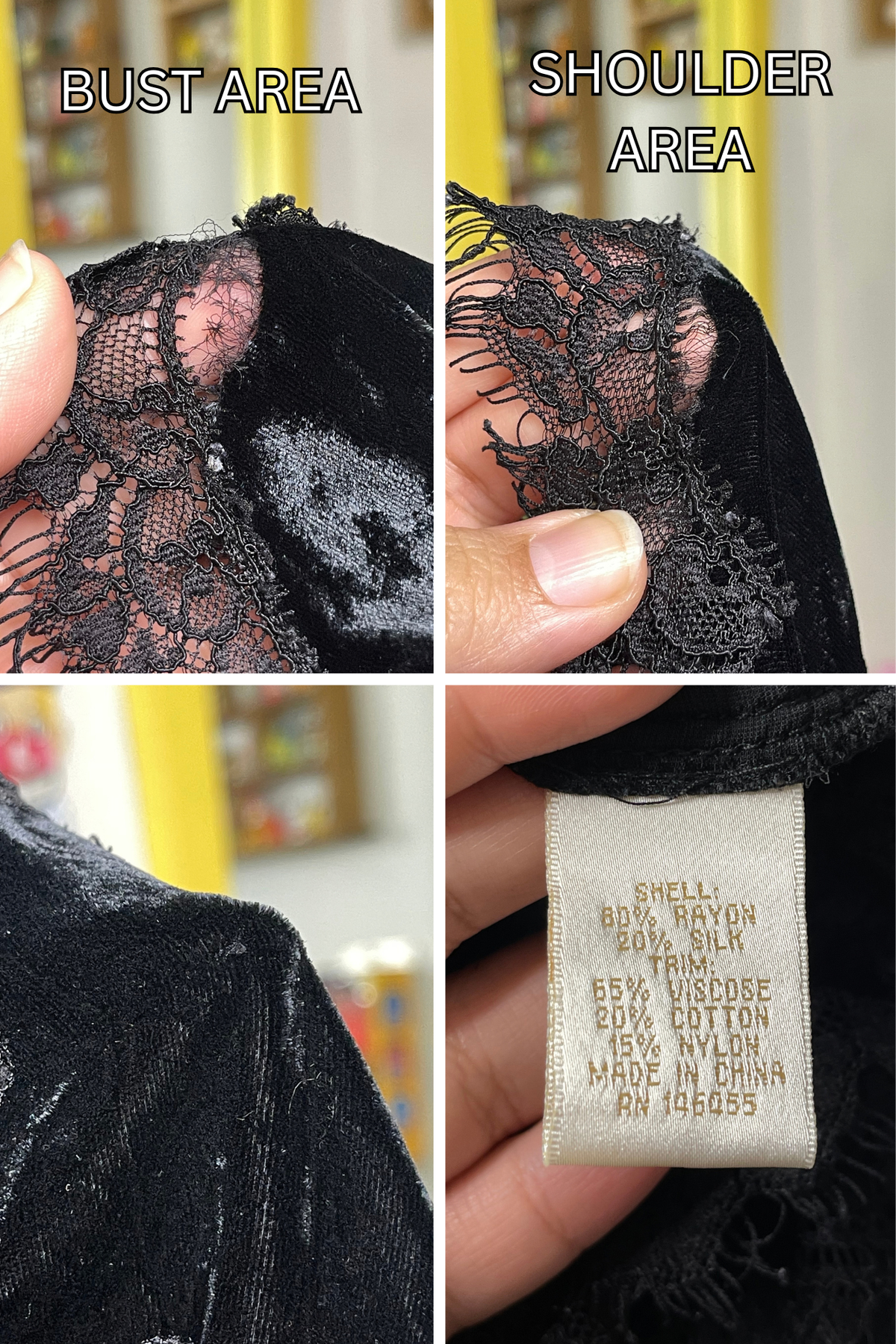 Black Crushed Velvet & Lace Silk Top Sz S/L