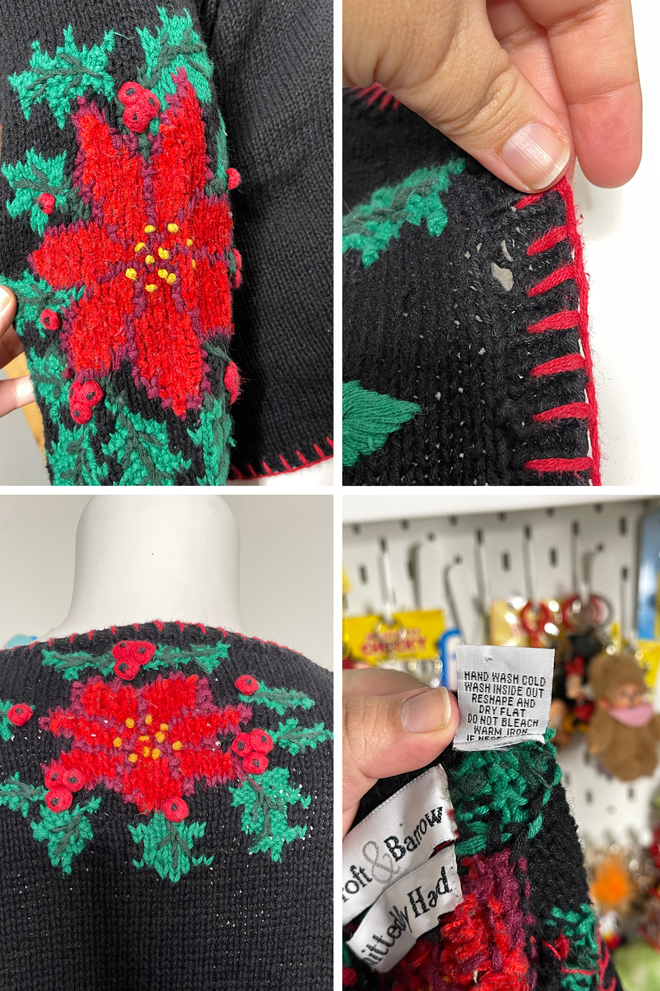 90s Poinsettia Floral Handknit Cardigan Sz L / XL