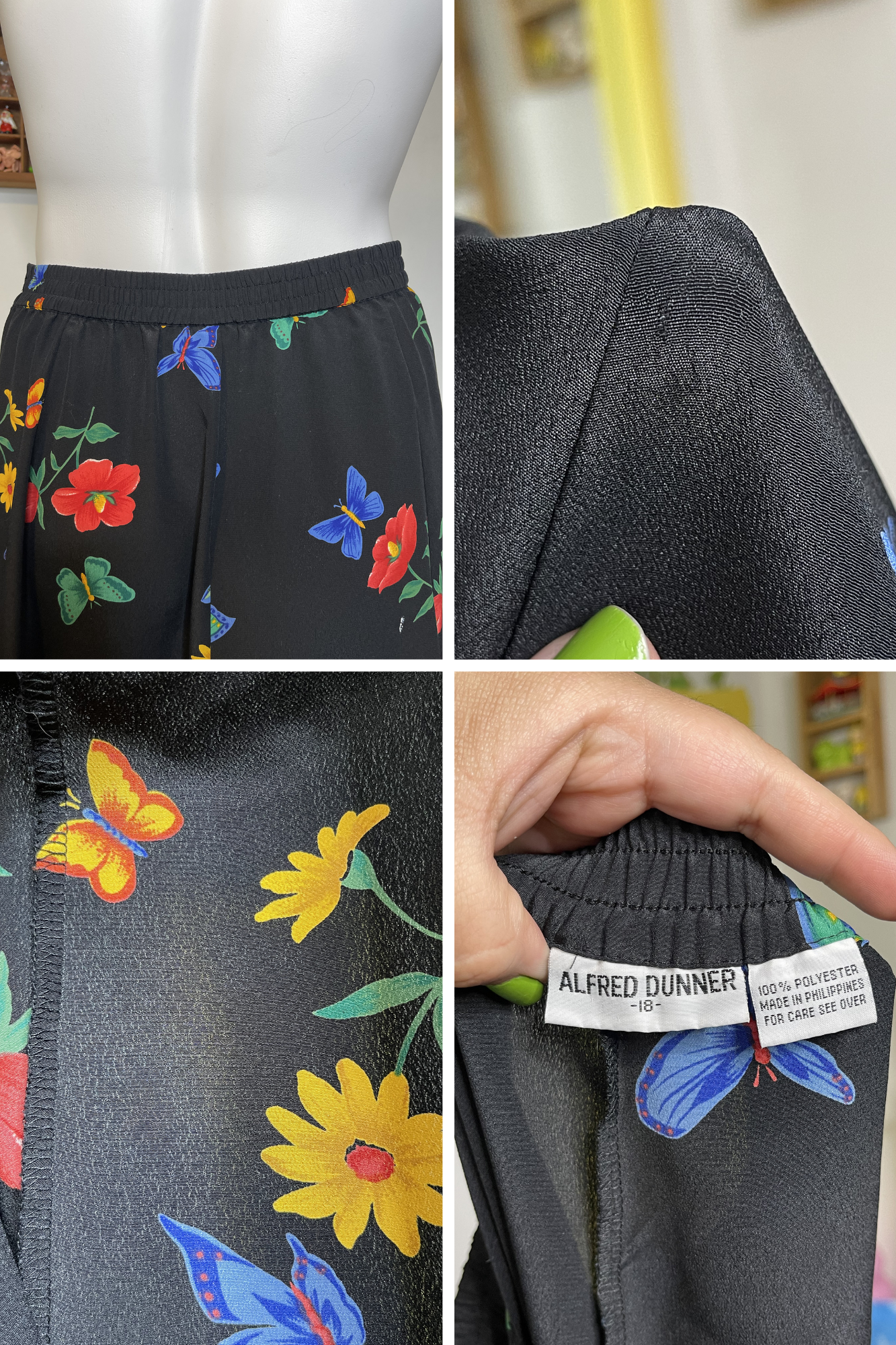 Vintage Black Butterfly Floral Print Maxi Skirt Sz XL