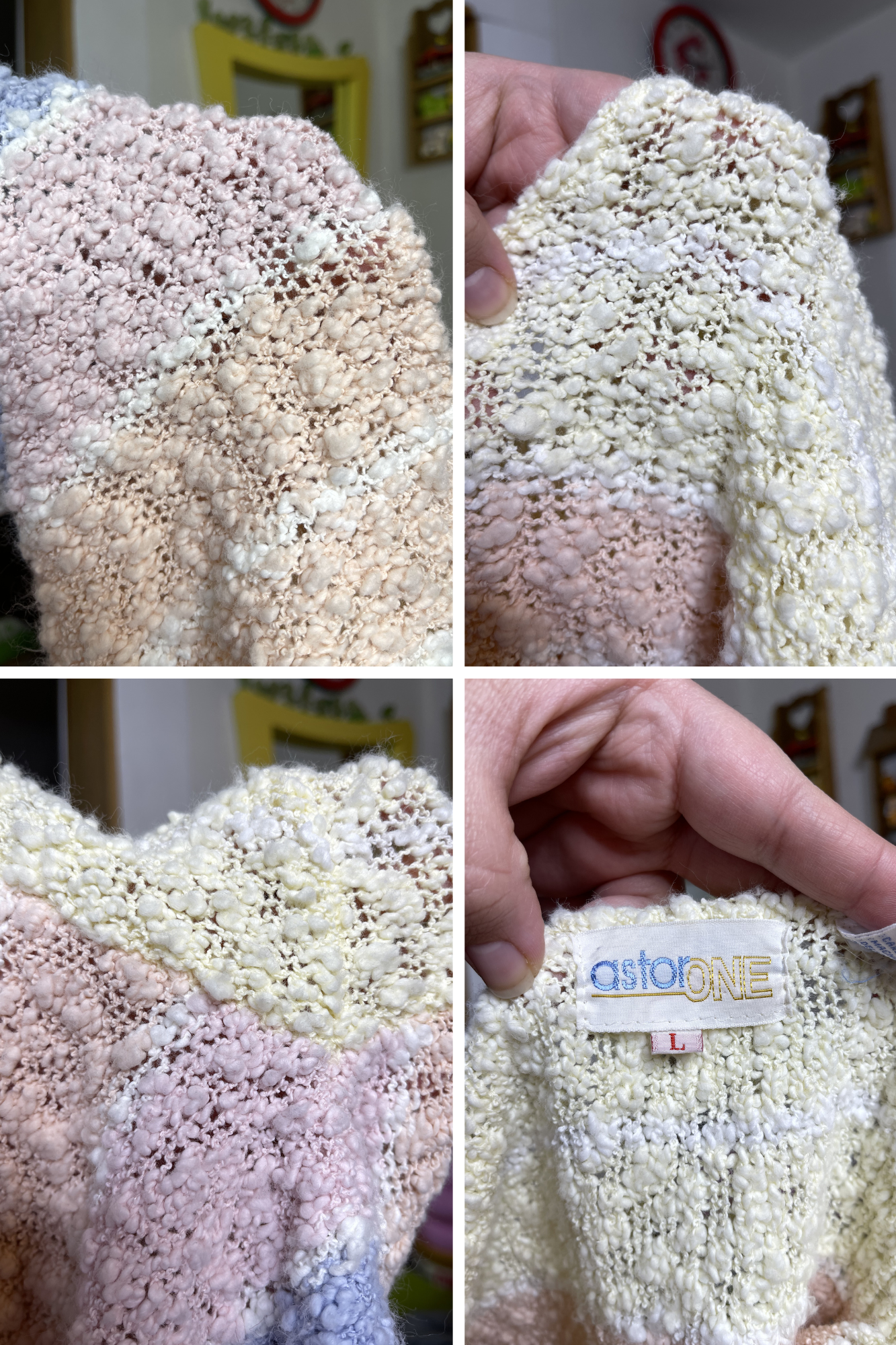 Vintage Pastel Knit Popcorn Textured 3/4 Sleeve Top Sz L
