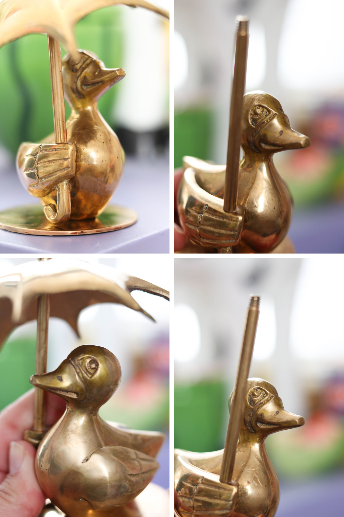 Vintage Solid Brass Duck Holding Umbrella Figurine (B)