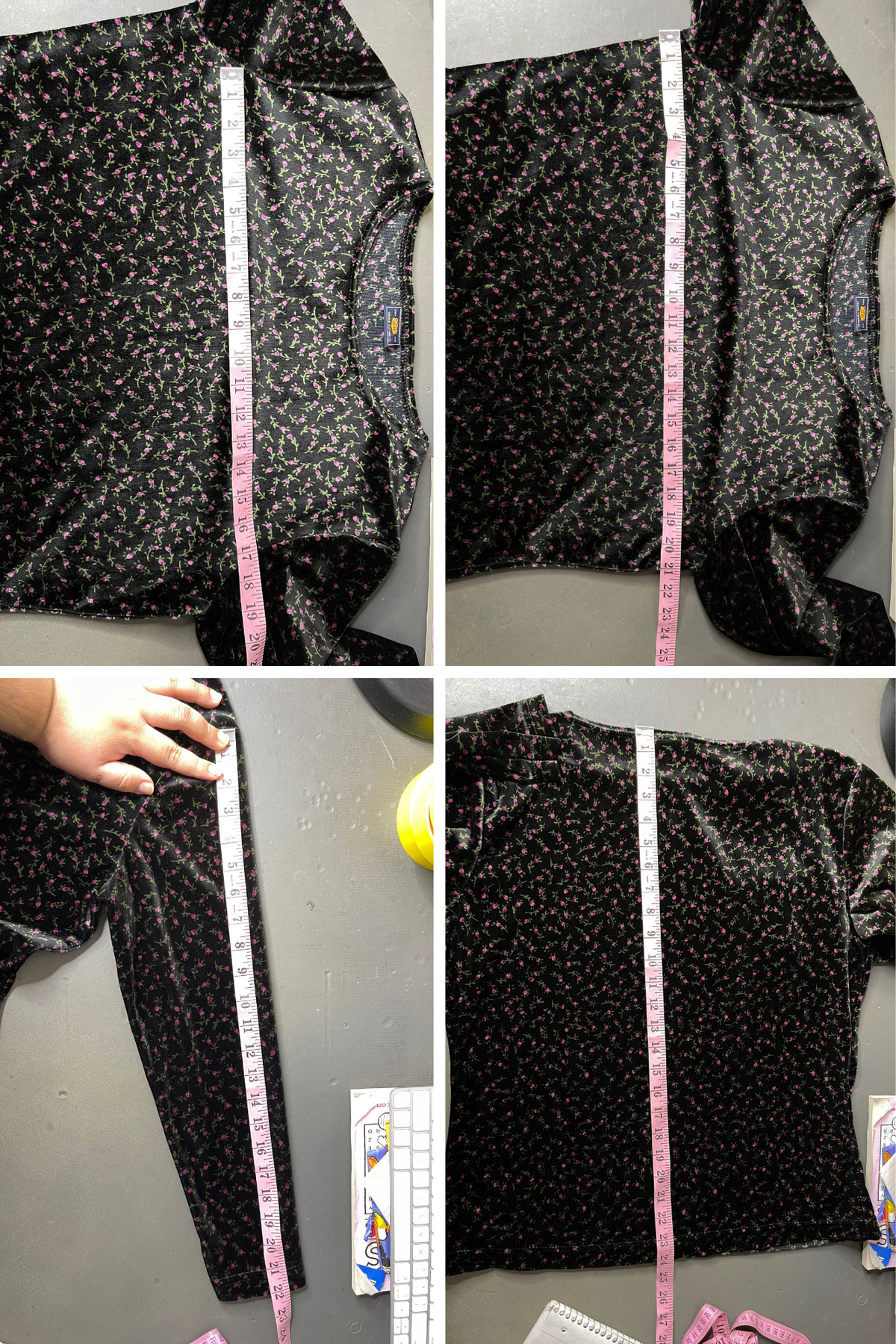 Vintage Flower Print Black Velour Velvet Long Sleeve Sz L/XL