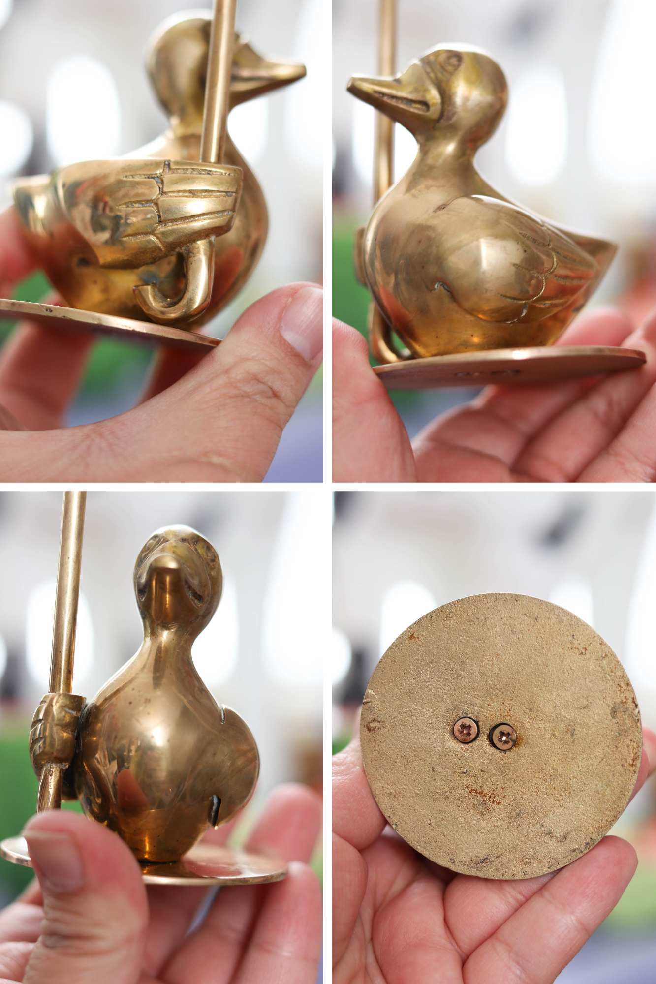 Vintage Solid Brass Duck Holding Umbrella Figurine (B)