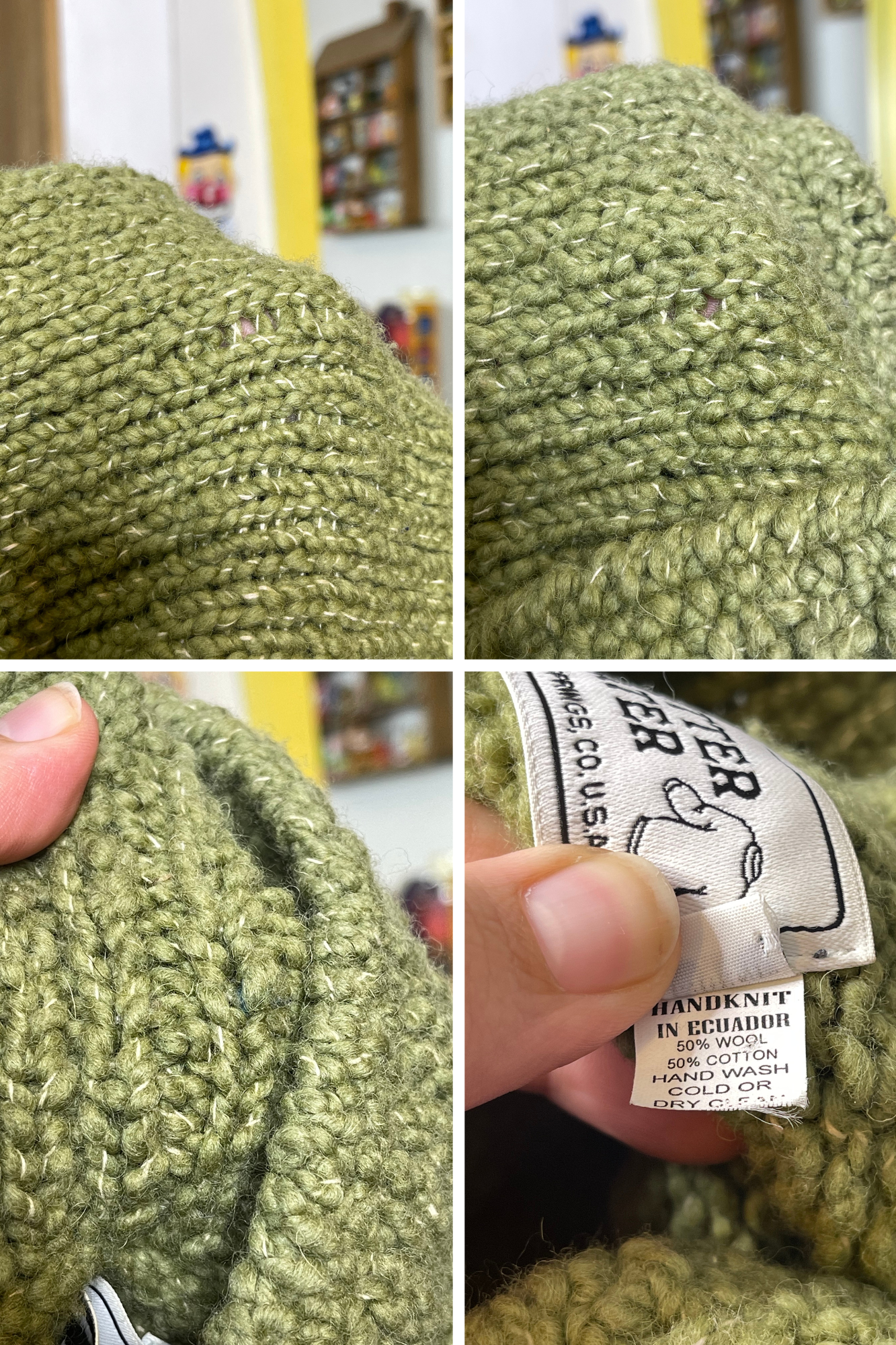 Chunky Moss Green Hand Knit Wool Zip-Up Sweater Sz XL