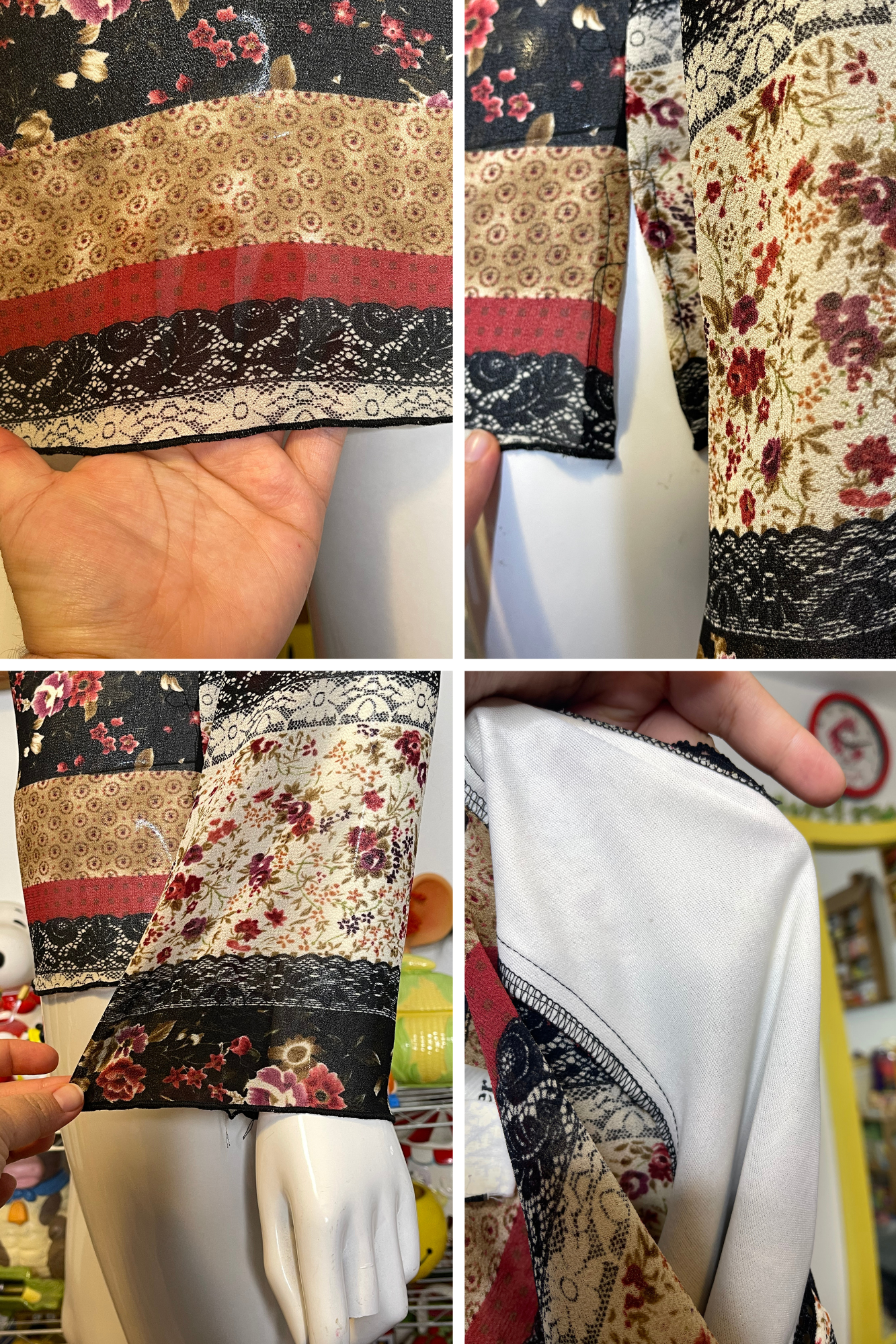 2000s Patchwork Boho Floral Bell Sleeve Top Sz M