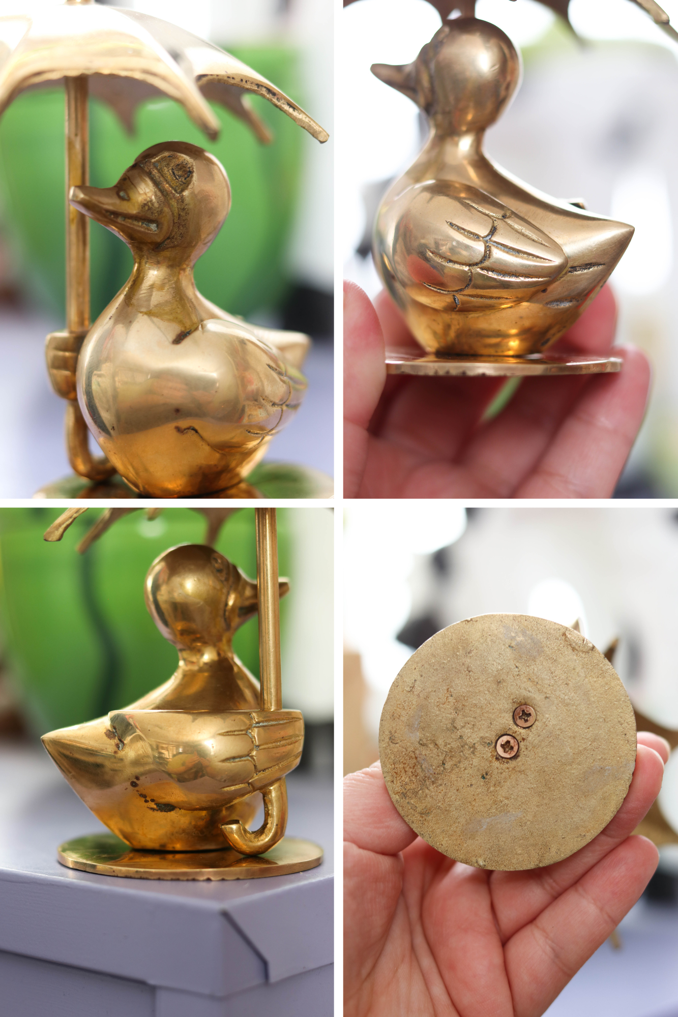 Vintage Solid Brass Duck Holding Umbrella Figurine (A)