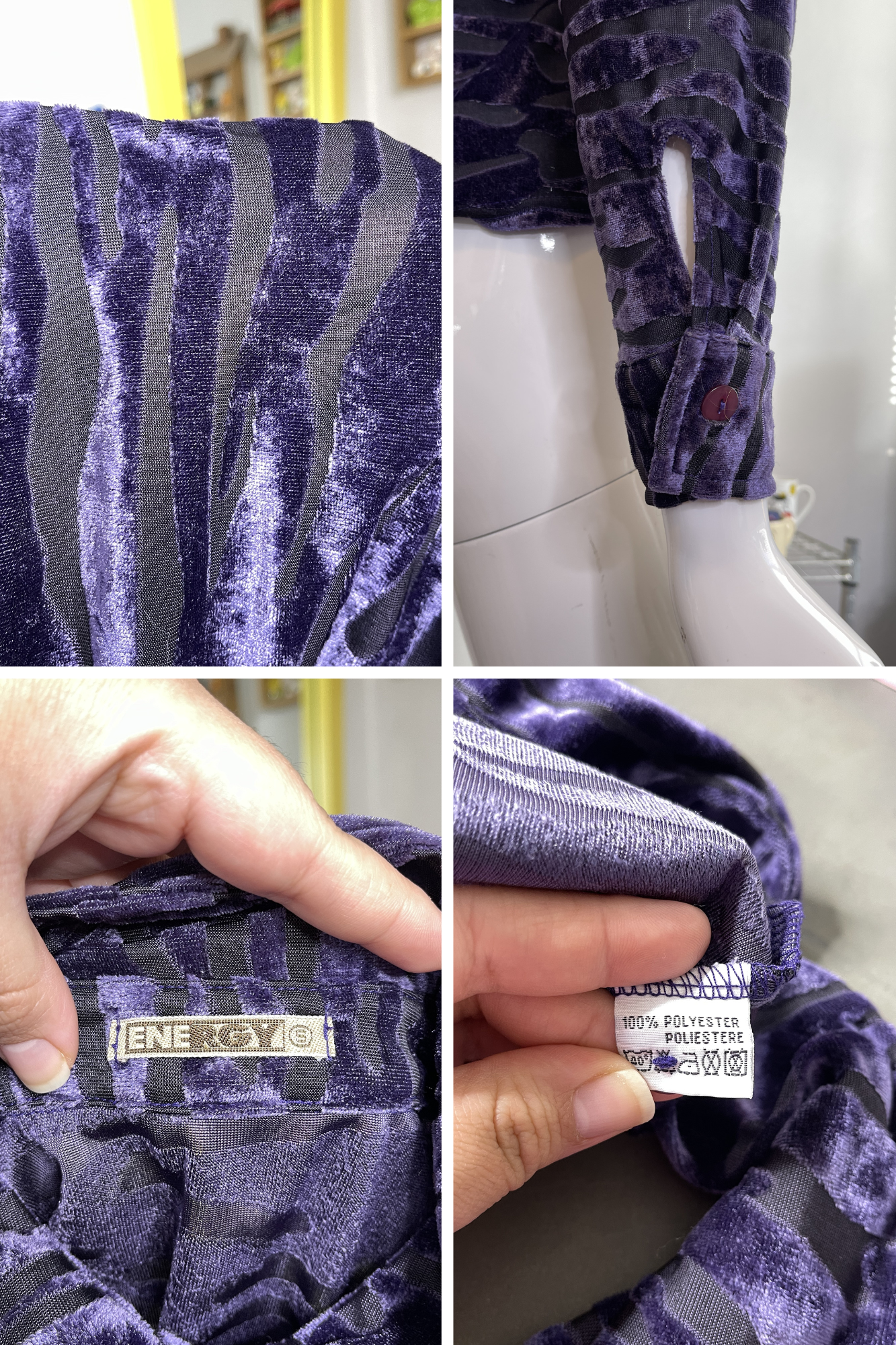 Vintage Purple Swirly Zebra Velvet & Mirco Mesh Collared Button Up Sz S