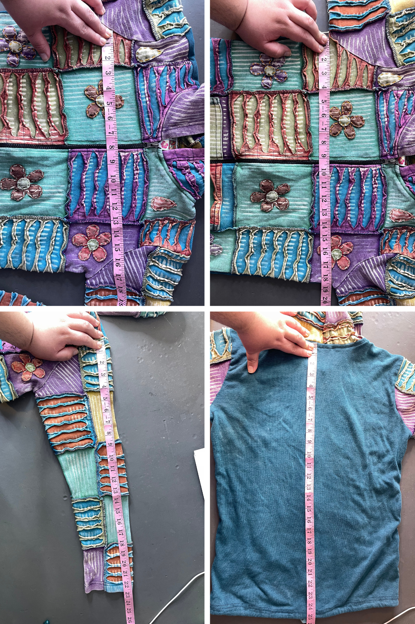 Tie-dye Patchwork Distressed Flowers Zip-up Hoodie Sz M/L