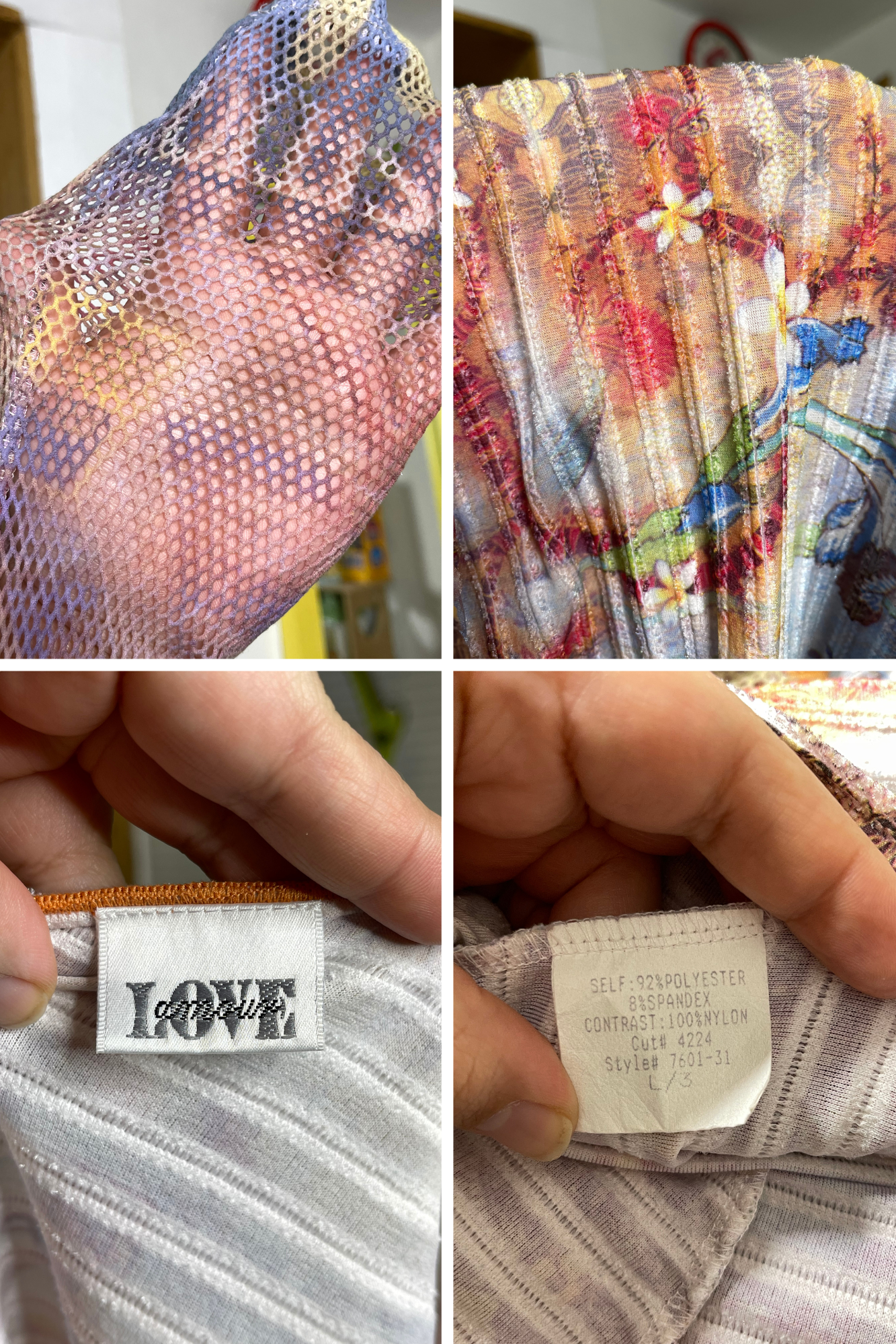 2000s Floral Tattoo Print Micro Mesh & Fishnet 3/4 Sleeve Top