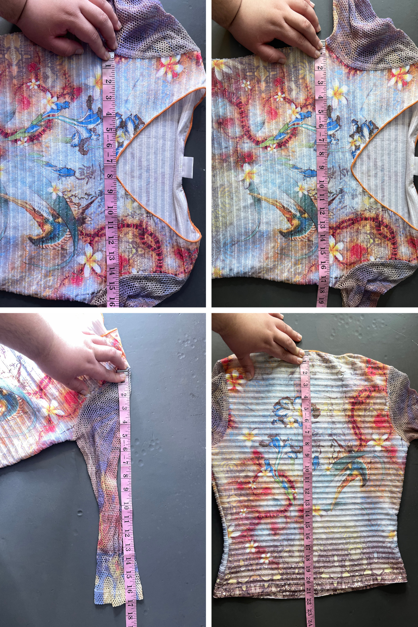 2000s Floral Tattoo Print Micro Mesh & Fishnet 3/4 Sleeve Top