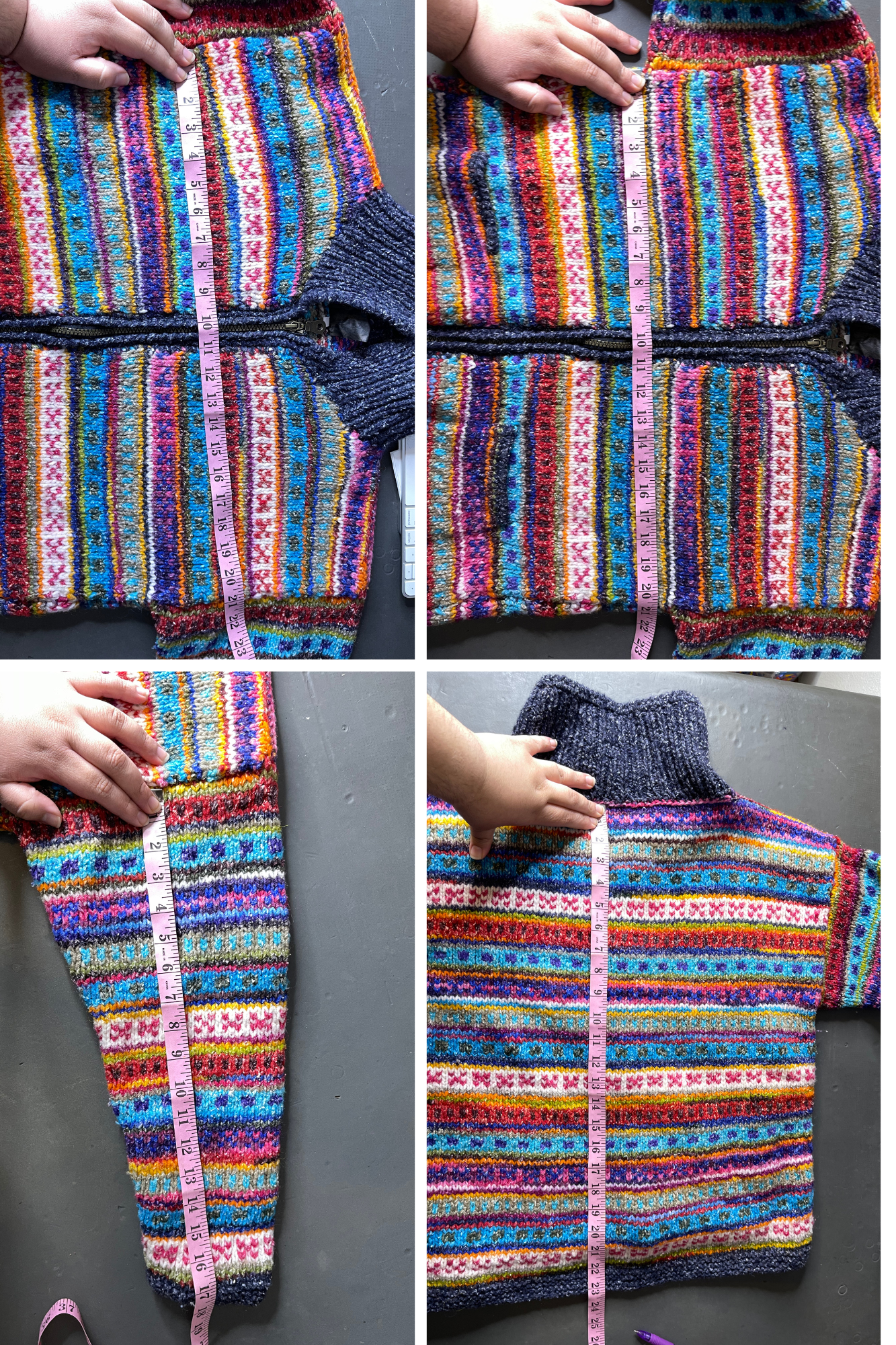 Vintage Colorful Hand Knit Wool Blend Zip-Up Sweater Sz M