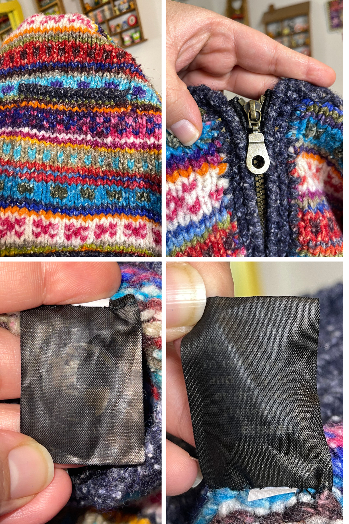 Vintage Colorful Hand Knit Wool Blend Zip-Up Sweater Sz M