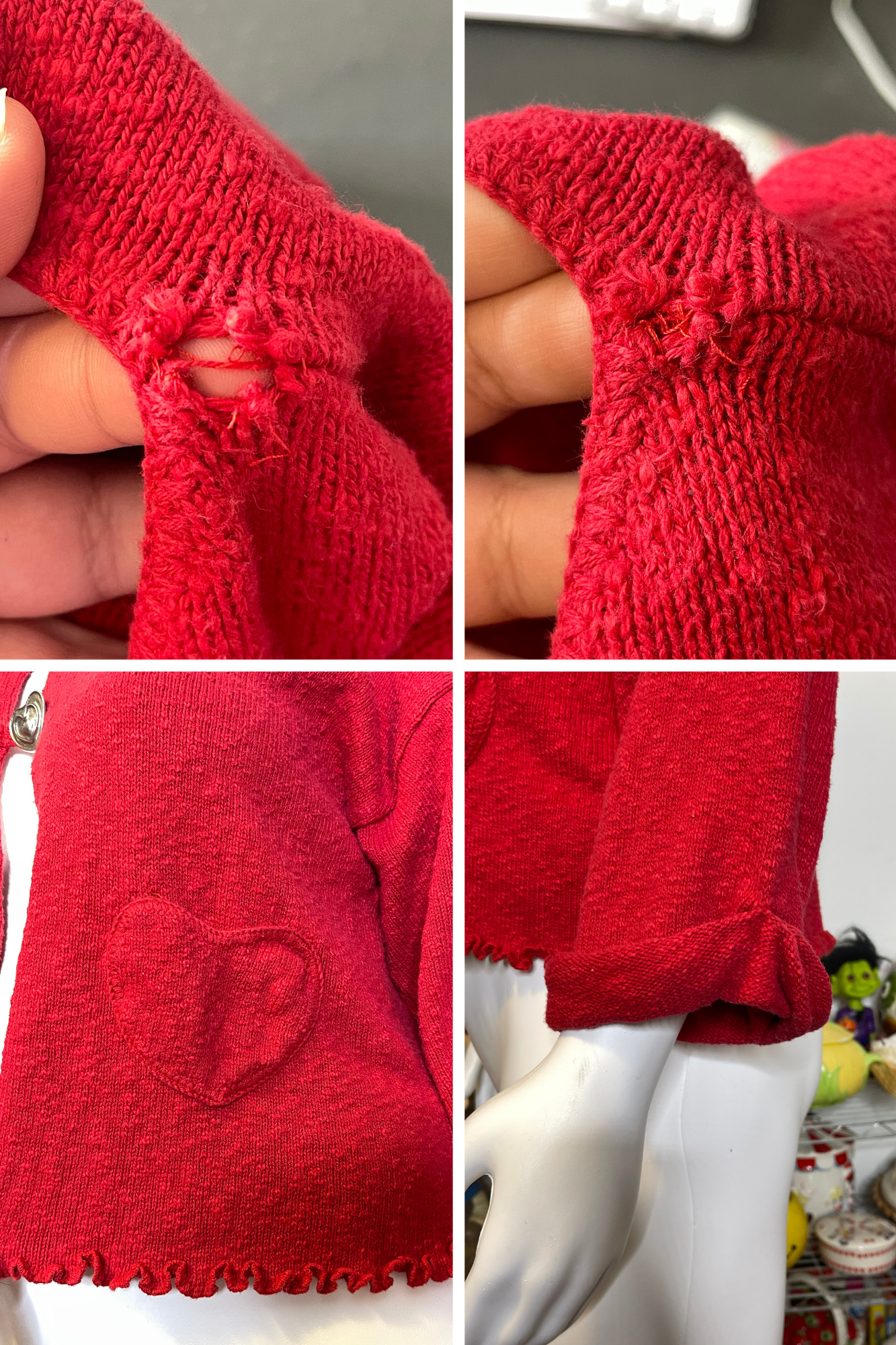 Vintage Red Heart Open Knit Cardigan Cape 3/4 Sleeve Sz L